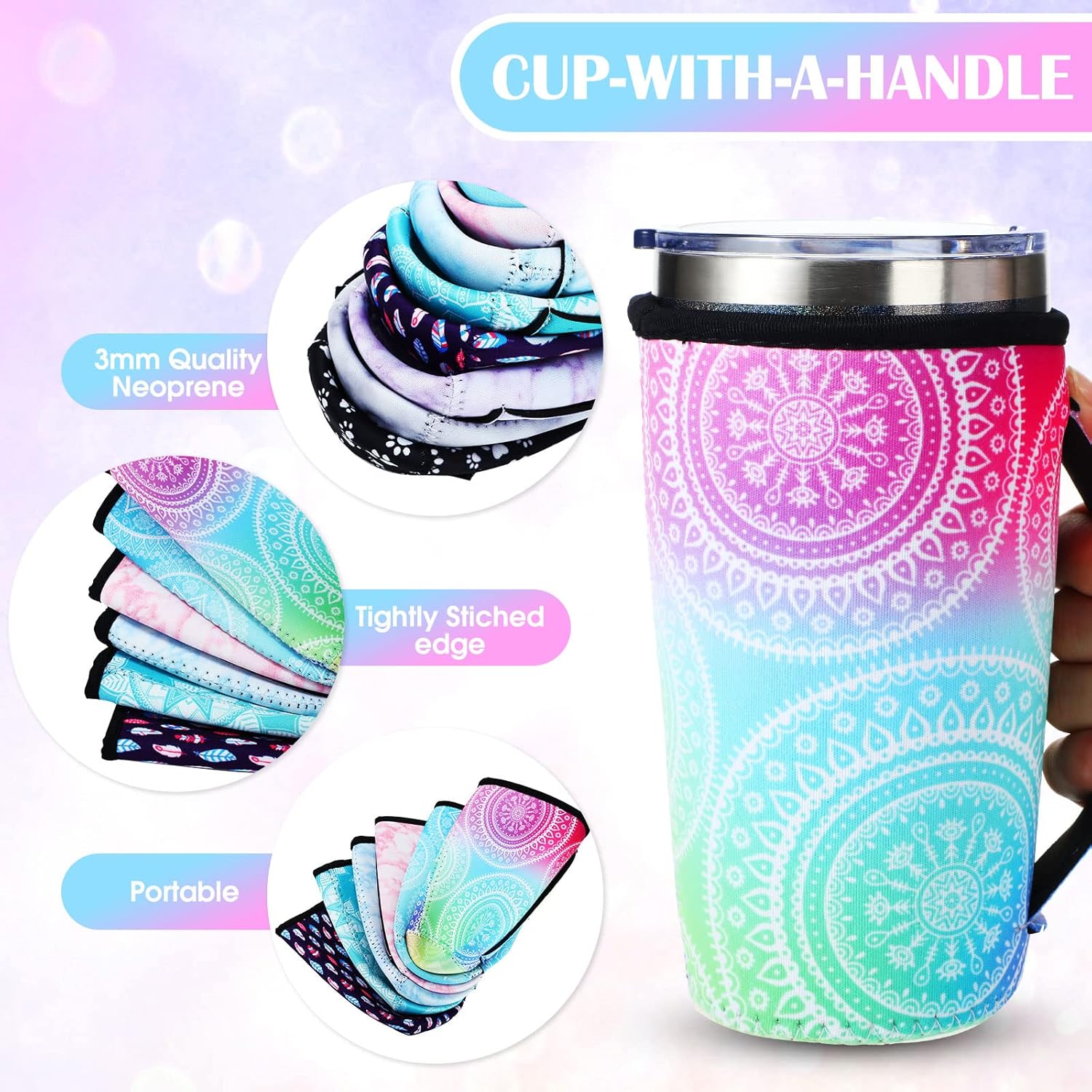 Boao 12 Pieces Reusable Iced Coffee Cup Sleeve Insulator Neoprene Beverages Cup Holder for Tumbler Hot Cold Drinks with Handle Summer Beach Tropical Hawaii Party(32 Ounce,Vintage Style) - Image 2