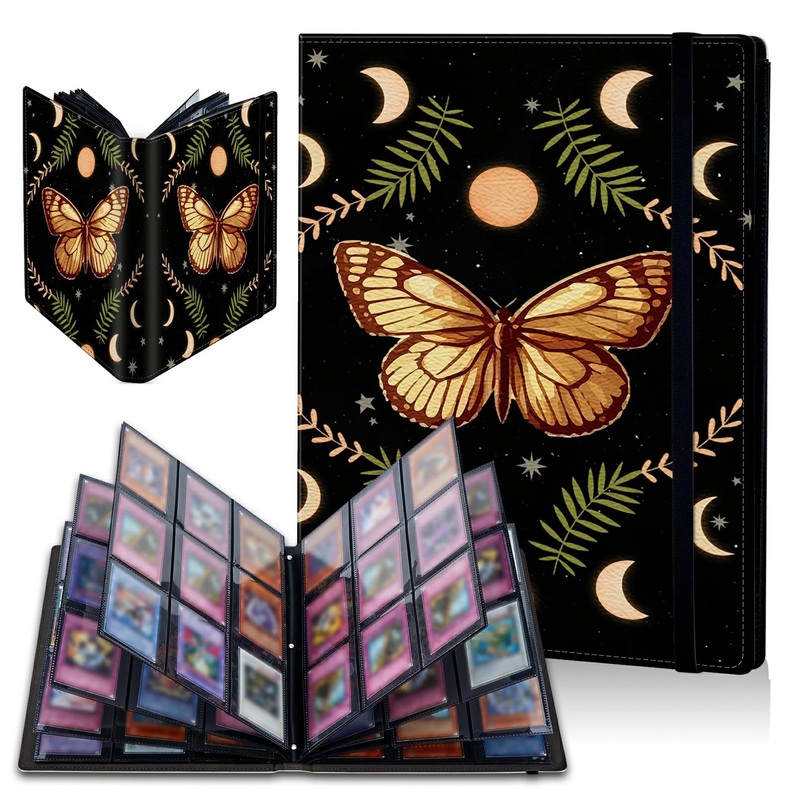 Moon Butterfly Card Binder, 9 Pocket Trading Card Album Folder Sleeves Side Loading 900 Pockets Premium PU Card Book Card Holder Binder Card Album for Game Cards/Sports Cards
