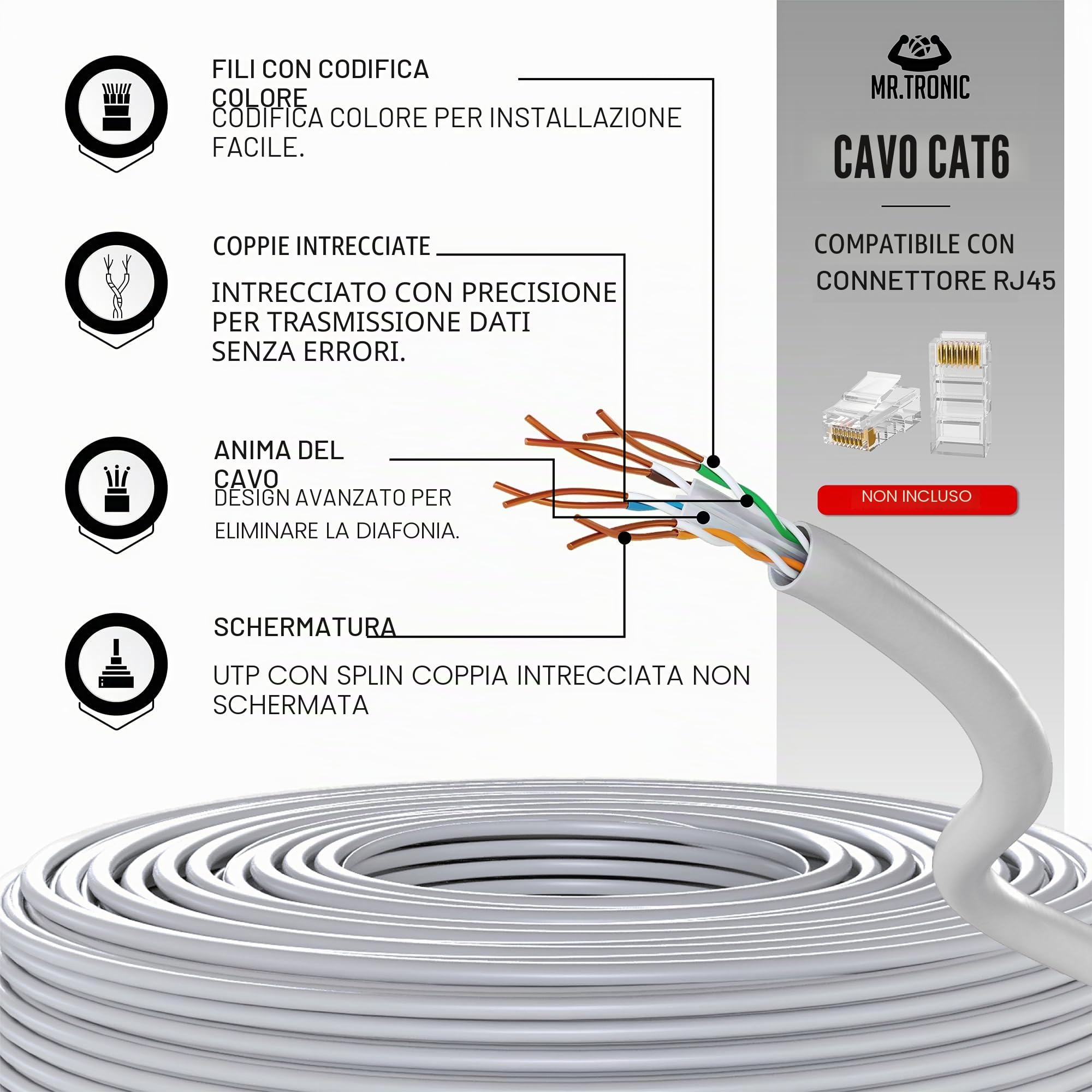 Mr. Tronic Cavo Ethernet Cat 6 da 25m Bulk Cabel, Cavo di Rete LAN Cat 6 ad Alta Velocità Per Connessione Internet Veloce 1 Gbps – 250 MHz AWG24 Sfuso | UTP CCA (25 Metri, Grigio)