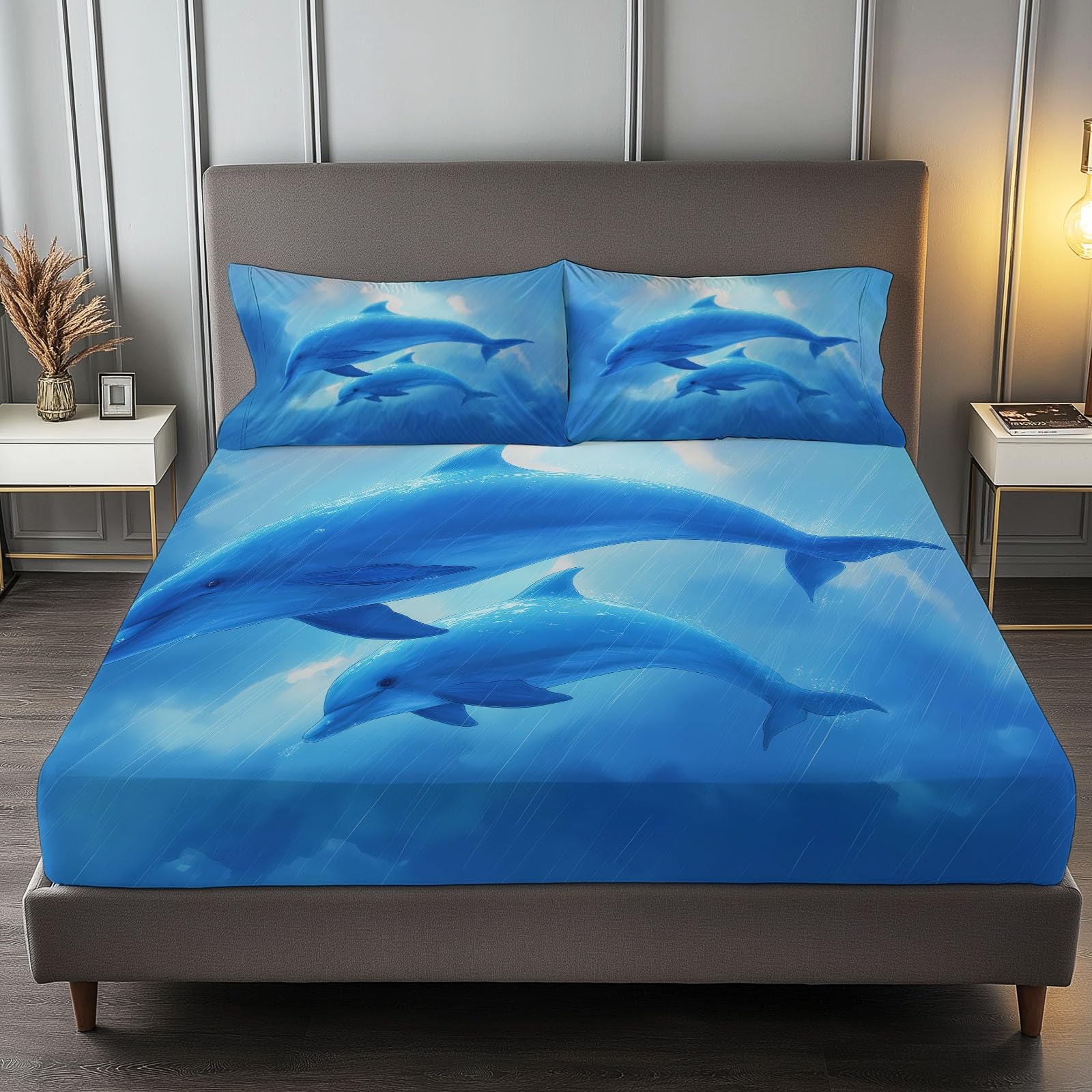 Prześcieradło z gumką 180 x 200 cm, styl anime delfiny i niemowlęta, prześcieradło z gumką 180 x 200 cm, duża czapka 30 cm, komplet pościeli z mikrofibry, zestaw pościeli dla dzieci z 2 poszewkami na