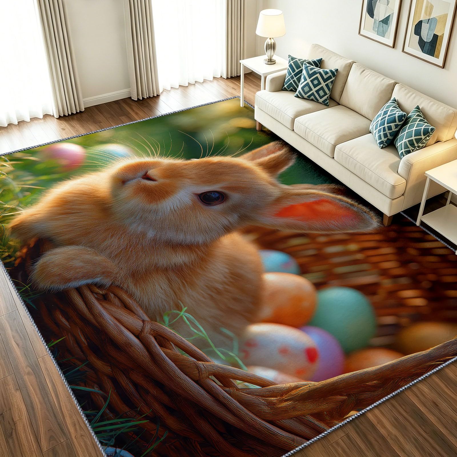 Generisch Alfombra lavable con dibujos animados en 3D, de Pascua, para salón, 160 x 230 cm, animales, conejos, huevos de Pascua, pelo corto, antideslizante, alfombra suave con estampado estampado para