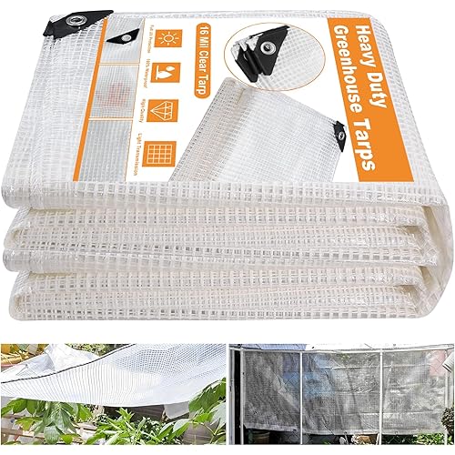 16 Mil Greenhouse Cover,Clear Plastic Tarps Heavy Duty Waterproof 16x20,UV Resistant Poly Clear Tarps with Grommets, Greenhouse Heavy Duty Tarp for Gardening,Farming,Nursery,Garden