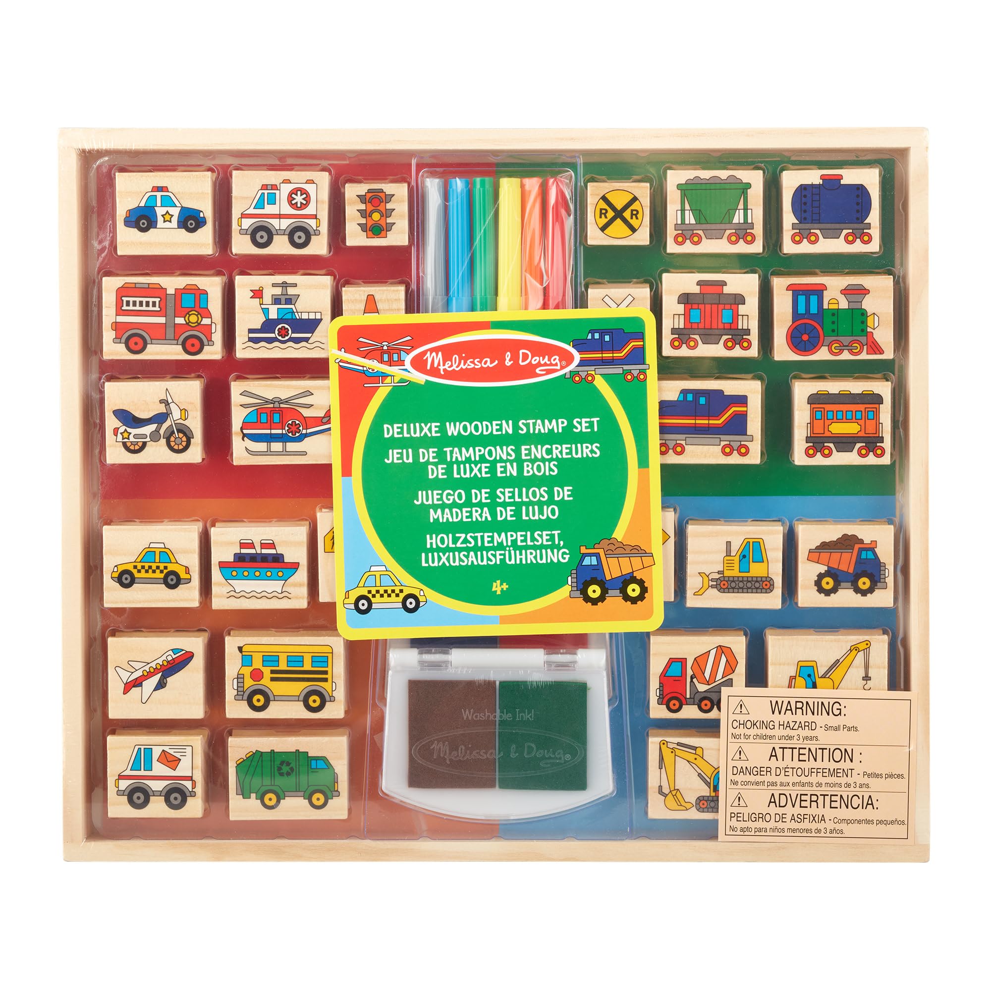 Melissa & Doug 41901 Zestaw drewnianych pieczątek Deluxe - Pojazdy | Sztuka i rzemiosło | 3+ | Prezent dla chłopca lub dziewczynki