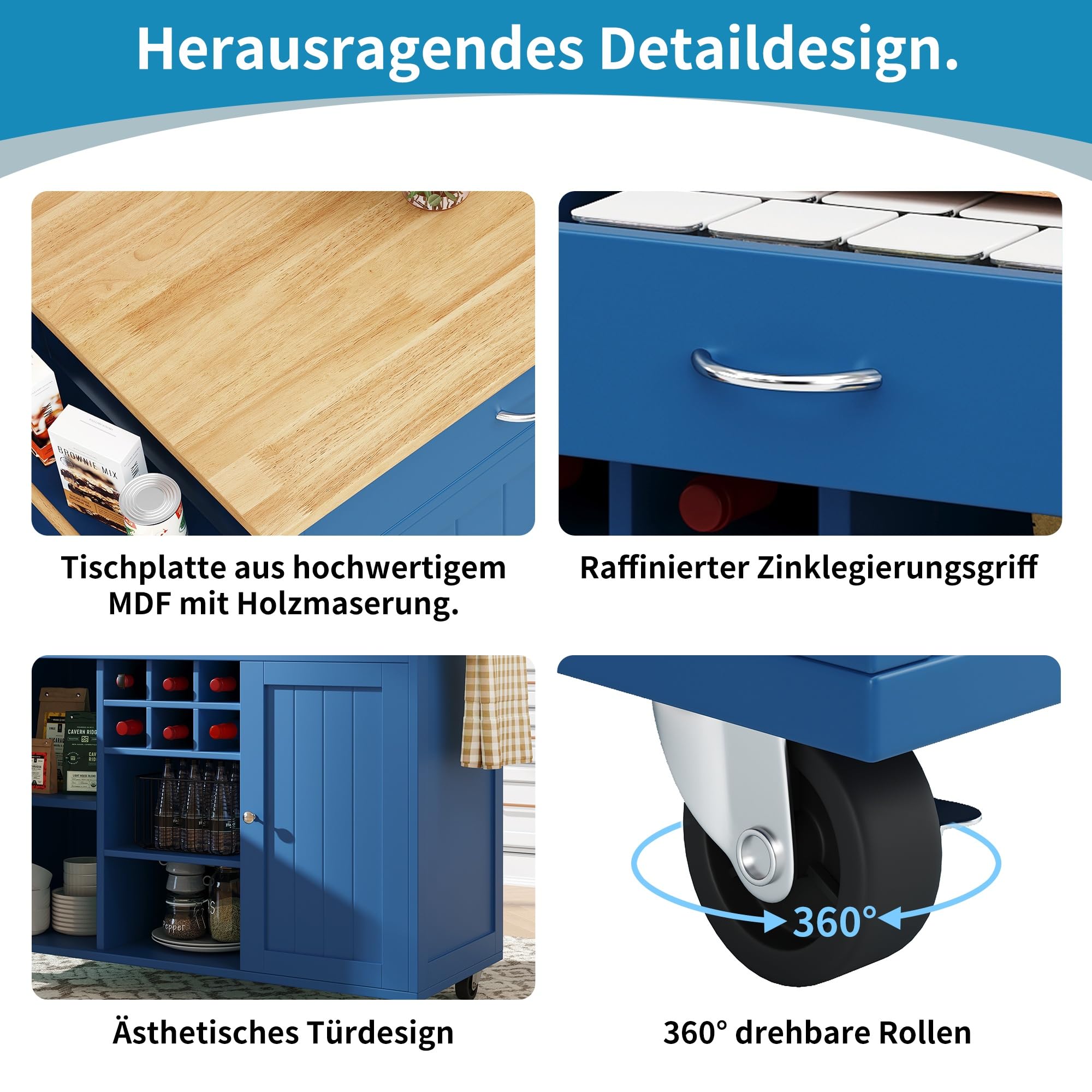 Kücheninsel(102×45×92cm), Küchenschrank, Buffetschrank, Speisewagen mit Holzmaserung, Multifunktionale Esstisch mit Speicherraum, Blau