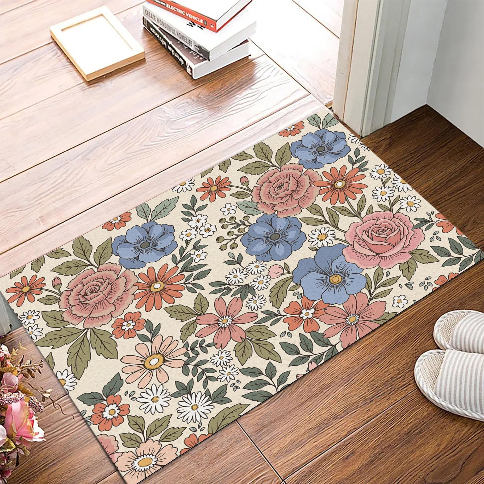 Paillasson d'entrée antidérapant pour éviter les glissades tapis lavable fleurs rose