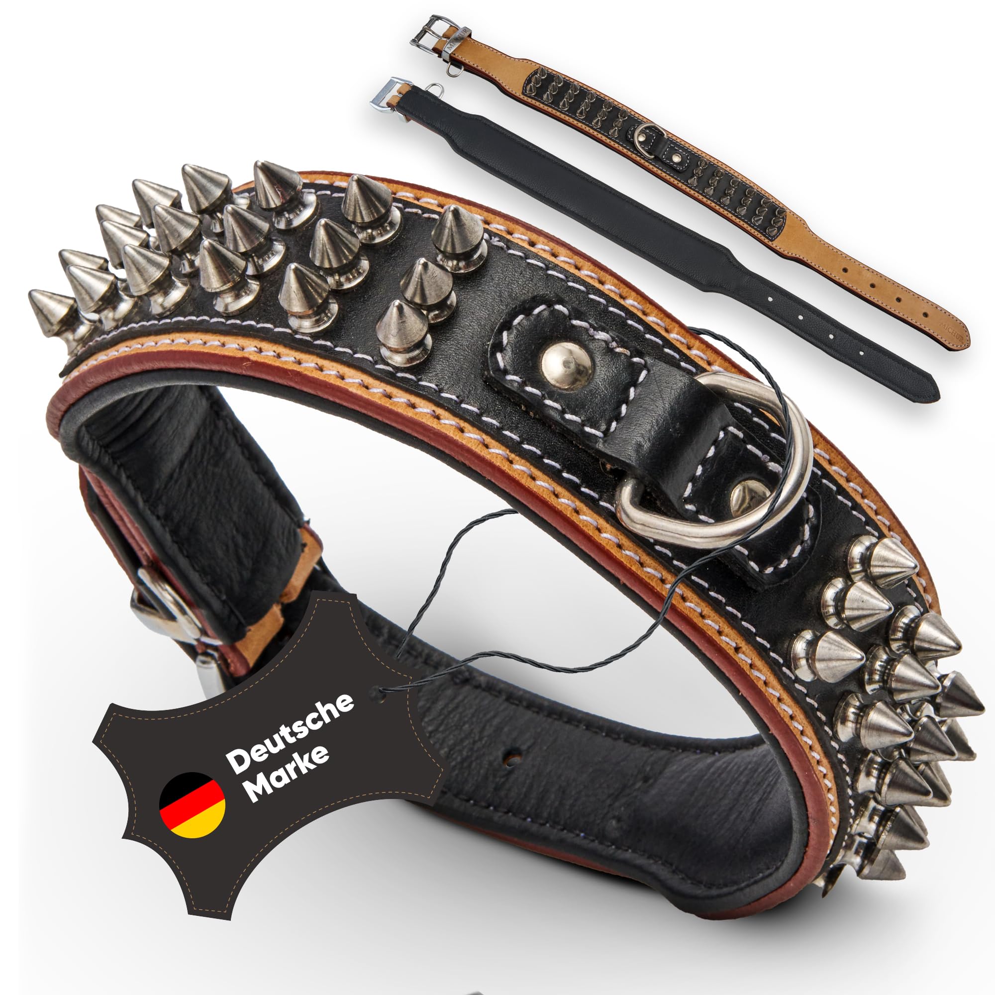 MICHUR Strike NO. 1 Hundehalsband Leder, Beige Schwarz, Breit, Nieten | Lederhalsband Hund, schwarz beige, Leder Hundehalsband, mit Nieten, Halsband breit, verschiedene Größen
