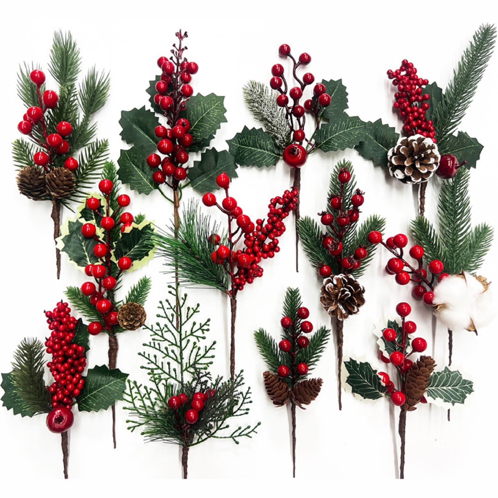 14 Stück Künstliche Weihnachtsbeeren & Tannenzweige - Winterdeko 20cm