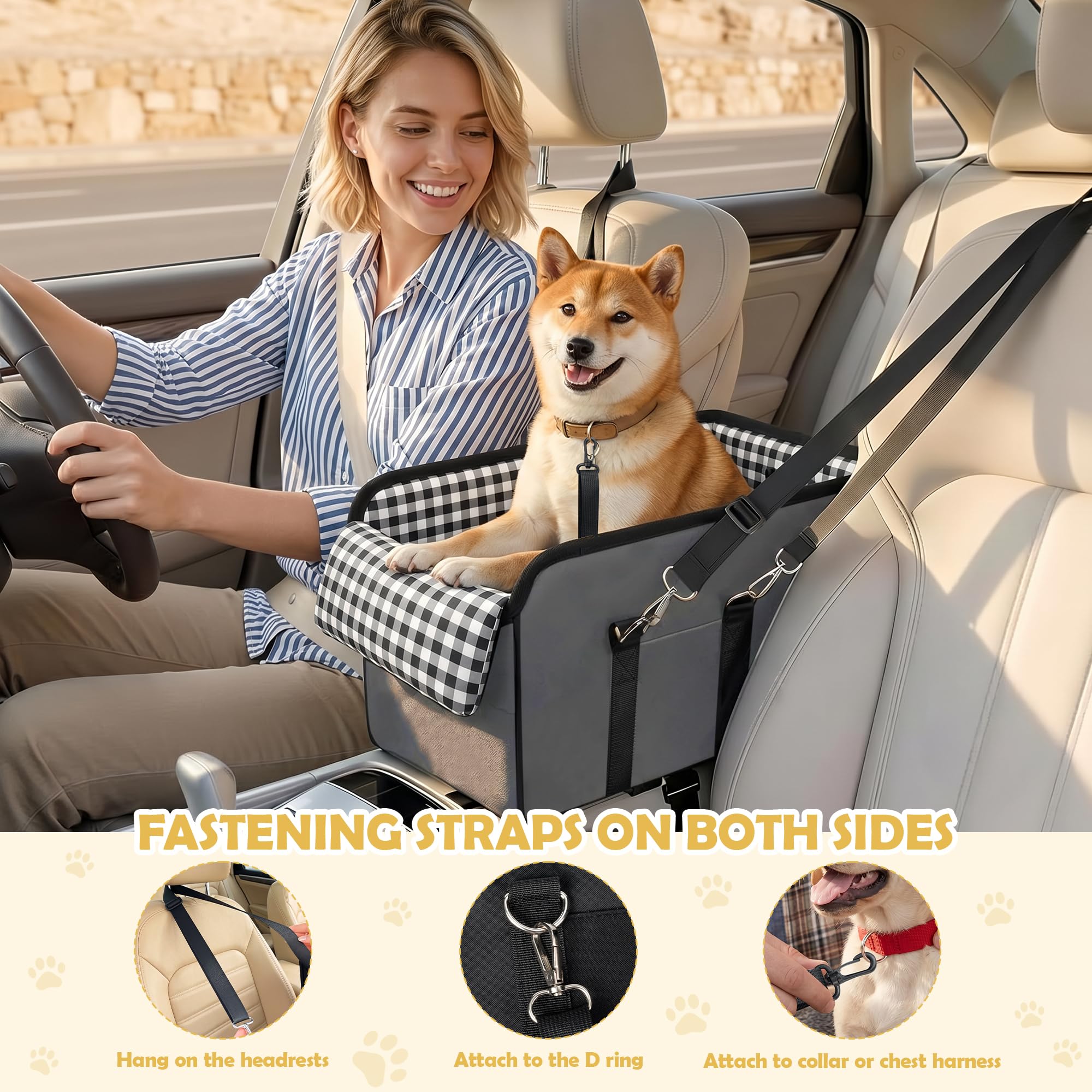 Siège de voiture pour petit chien – Console centrale imperméable pour animal domestique – Rehausseur de voiture amovible avec harnais de ceinture de sécurité – Coussin épais pour chiot et
