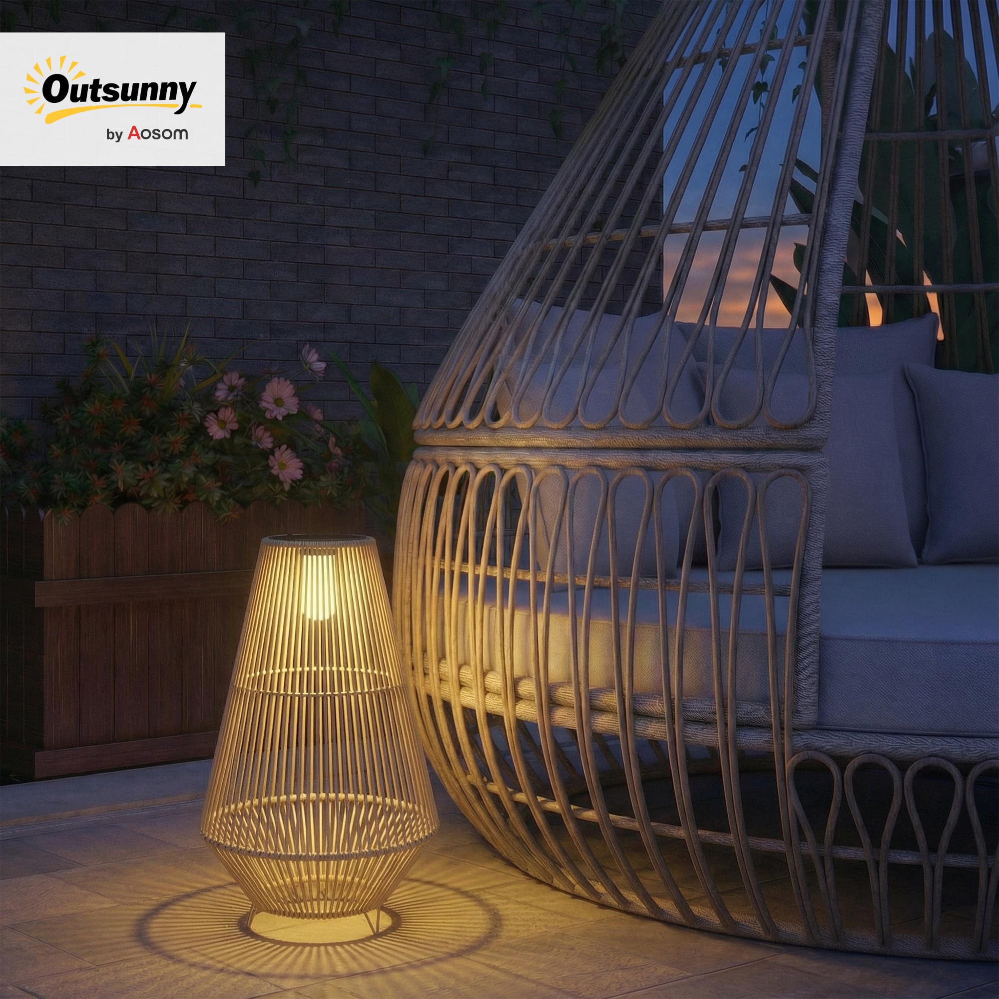 Outsunny - Linterna solar exterior de resina trenzada, lámpara de pie inalámbrica recargable con sensor de luz, lámpara de pie LED exterior, para jardín patio terraza, amarillo