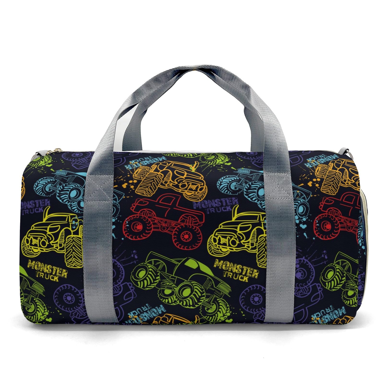 Colorful Monster Truck Car Personalized Duffel Bag with Name Custom Weekend Bag with Shoe Compartmen for Boys Girls Sports Gym Swim Bag Travel Bag