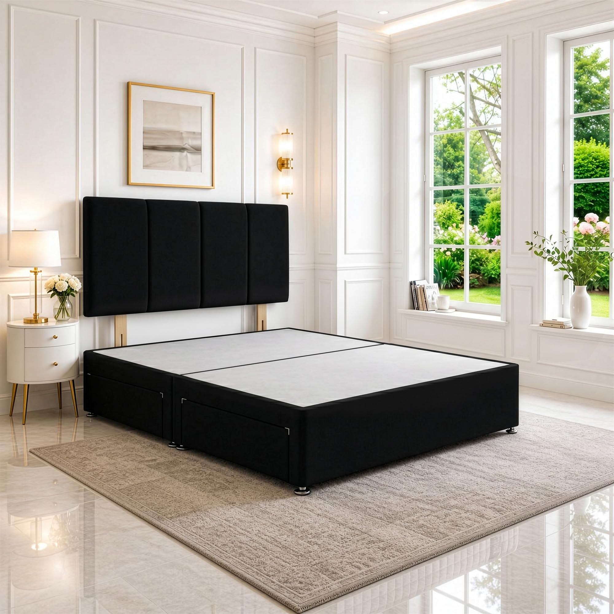 SANA SLEEP Small Double Divan Bed with Headboard & 2 Storage Drawers – Plush Black Fabric, 4FT UK Made, Bedroom, Guest & Kids’ Room — image 1
