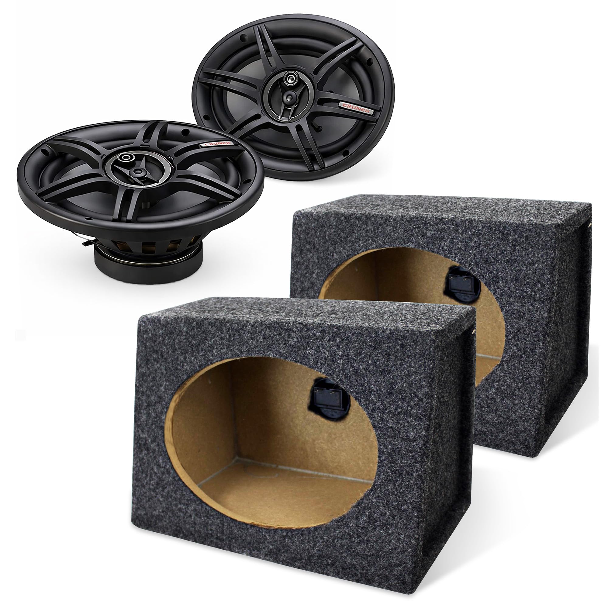Crunch 400W 6x9 3 Way Coaxial Speakers, 1 Pair Bundled with QPower 2 Pack Angled Style 6x9 Car Speaker Box Enclosure - Audio Equipment for Vehicles