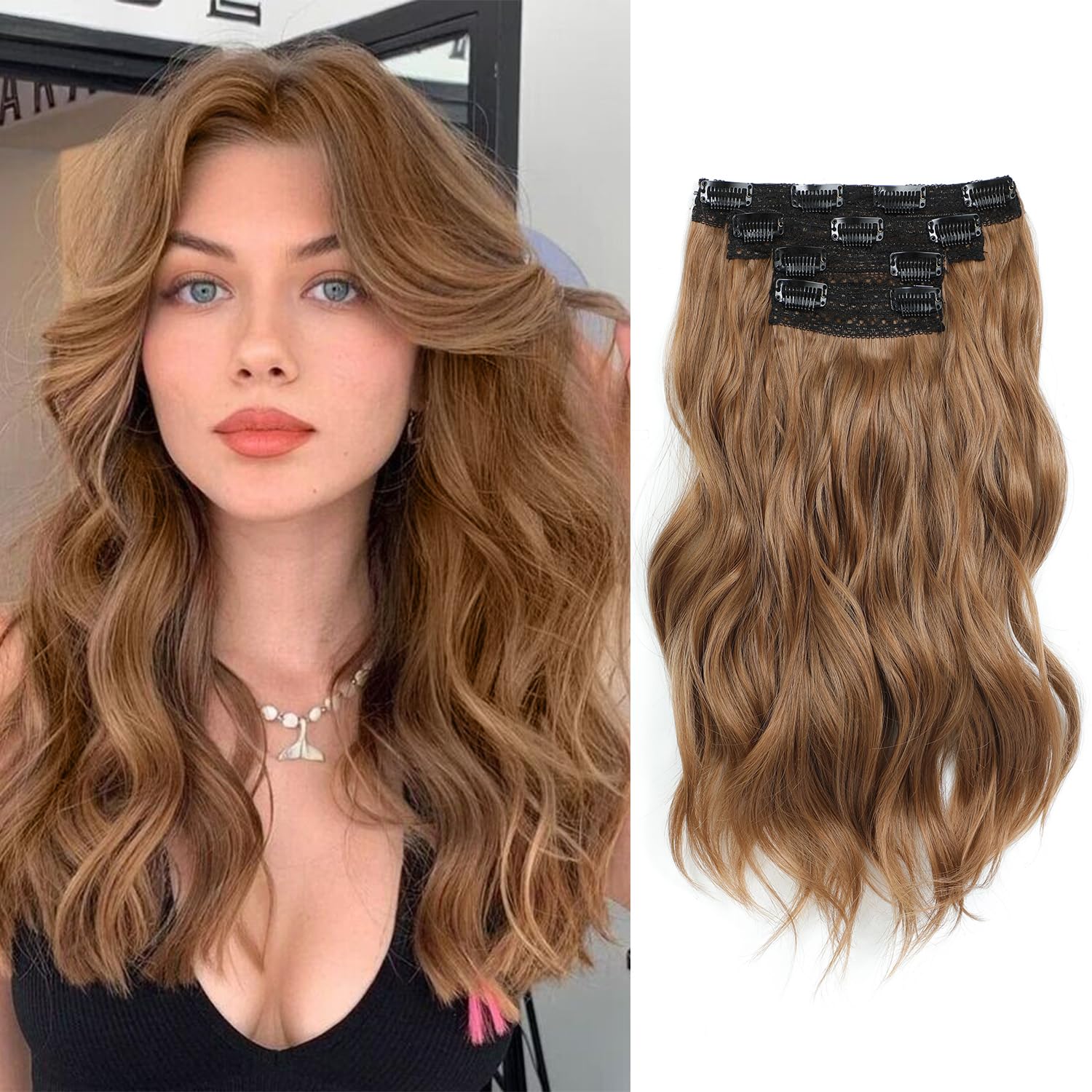 Extens&atilde;o De Cabelo Sint&eacute;tico Ondulado Longo Com Clipe 24 Polegadas 6 Pe&ccedil;as Balay