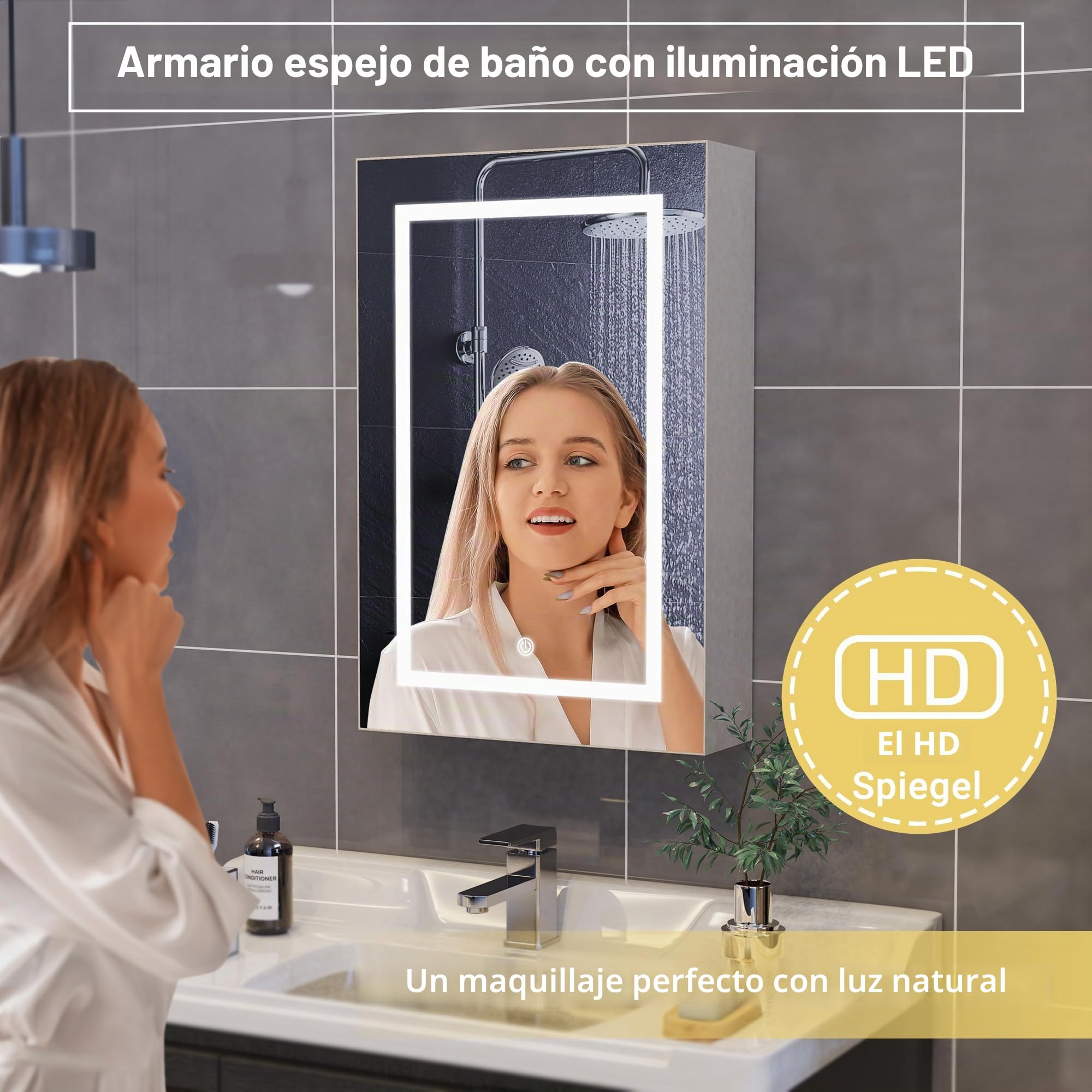DADEA Armario de Baño con Espejo, Armario Espejo Baño con Luz y Almacenamiento, 50 x 70 cm, MuebleBaño con EspejoLED Mueble EspejoBaño 70 con ArmarioBaño con Espejo70 cm Muebles ParaBaño