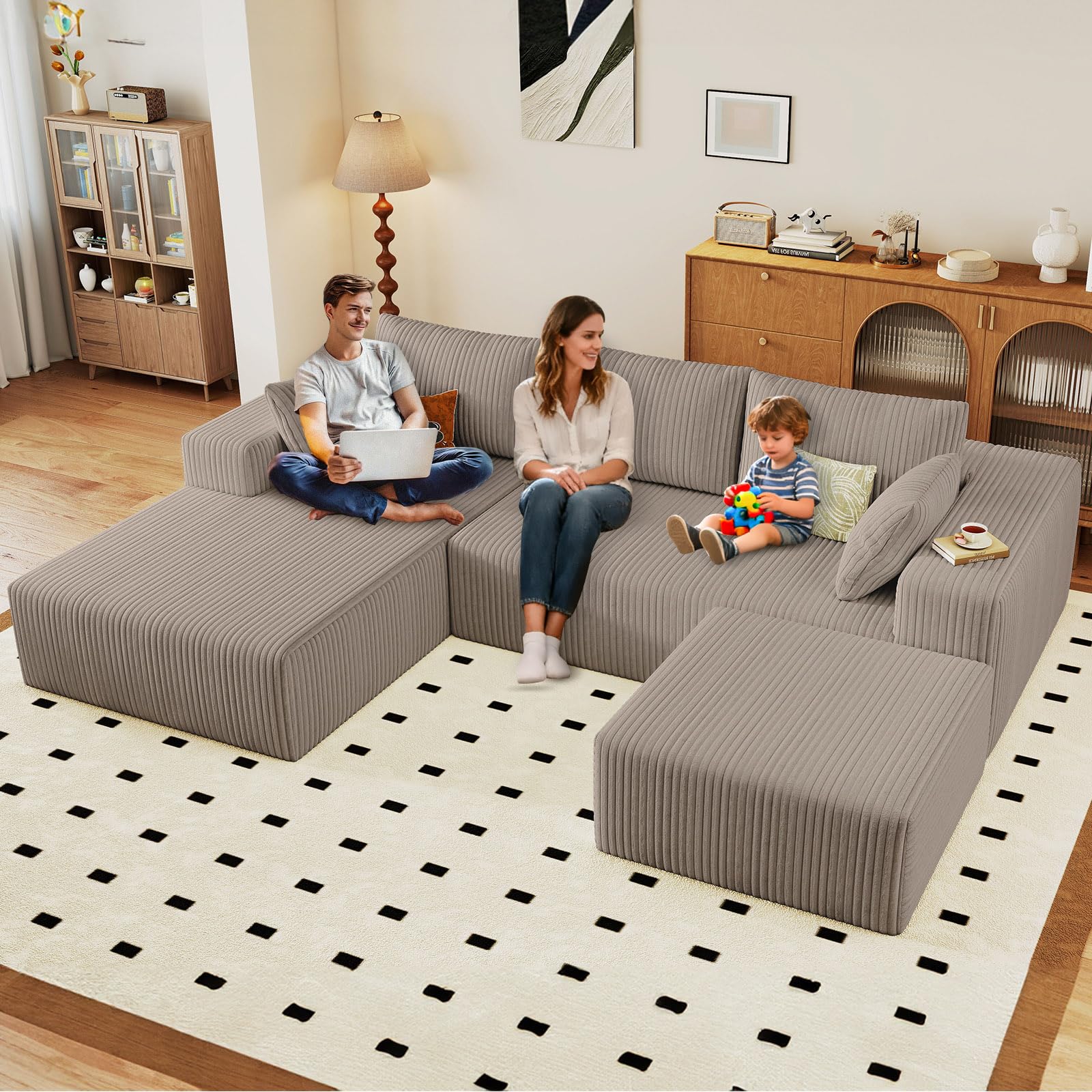 96" U-Shape Cloud Couch, Modern Modular Sectional L-Shape Sofa with Ottoman, Corduroy Upholstered Couches Deep Seat Chaise Longue for Living Room, No Assembly Required(Camel, Left Facing)