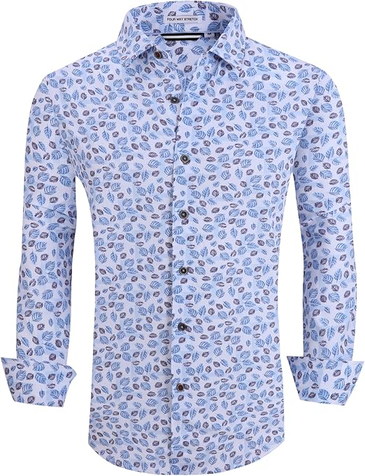 Alex Vando Mens Button Down Shirts Wrinkle Free 4-Way Stretch Print Business Casual Shirt