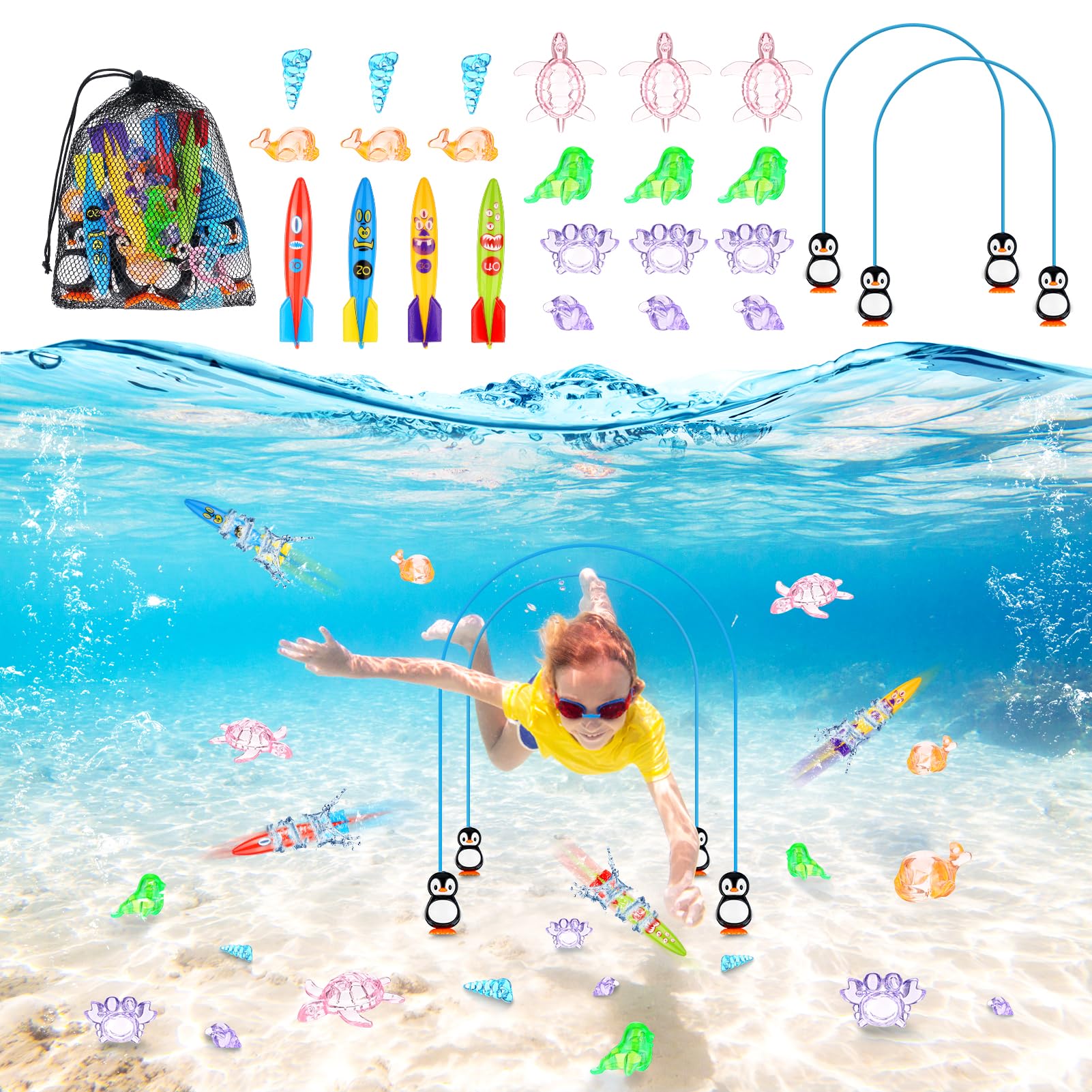 Juguete de Buceo para Niños, 25 Piezas Juegos de Agua de Piscina Juguete Aventura Subacuática Entrenamiento con Anillos, Torpedos, Gemas, Bolsa de Almacenamiento, Juegos de Agua Verano Piscina