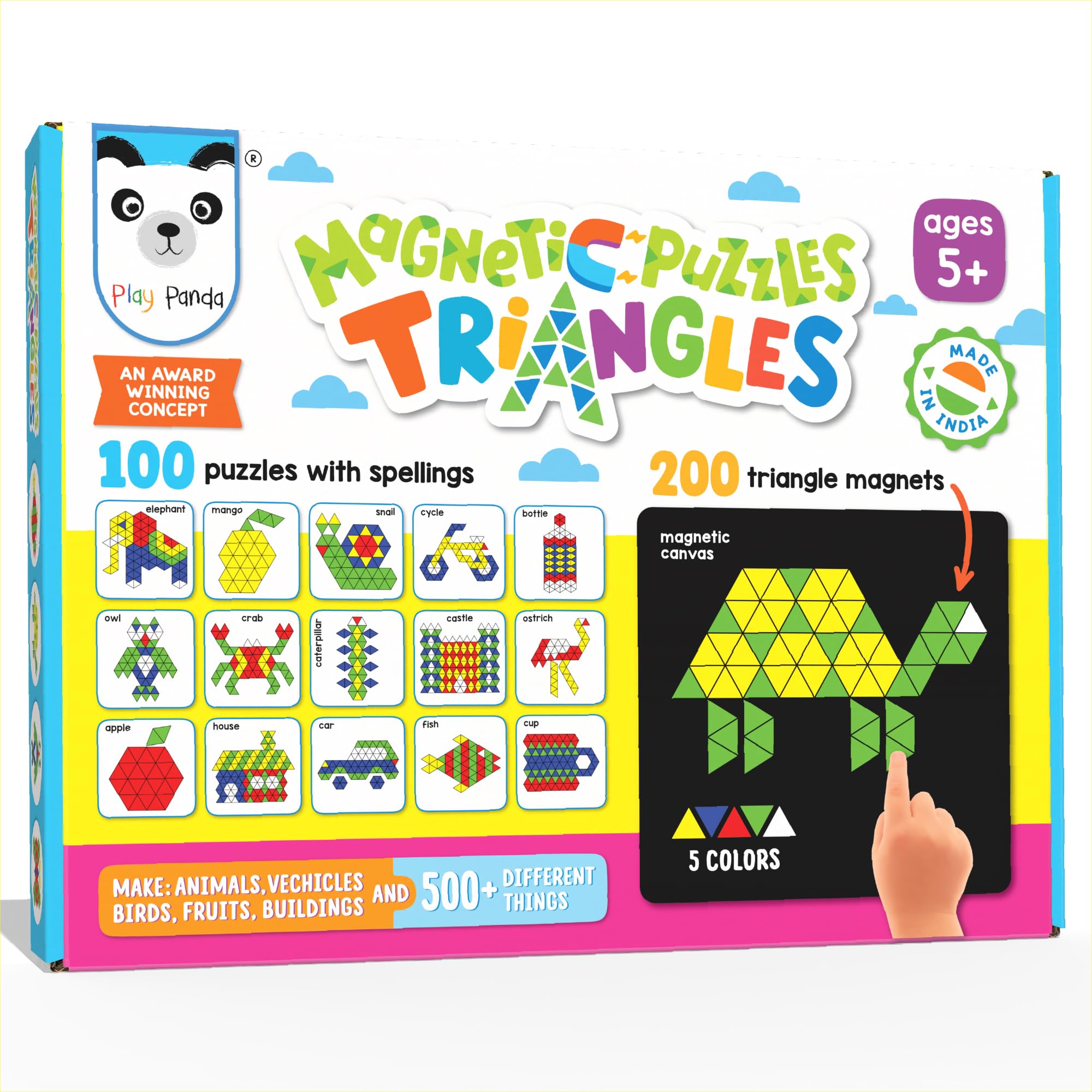 Play Panda New Magnetic Puzzles : Triangles - Includes 250 Colorful Magnets, 100 Puzzles, Magnetic Board, Display Stand, 200 Pieces