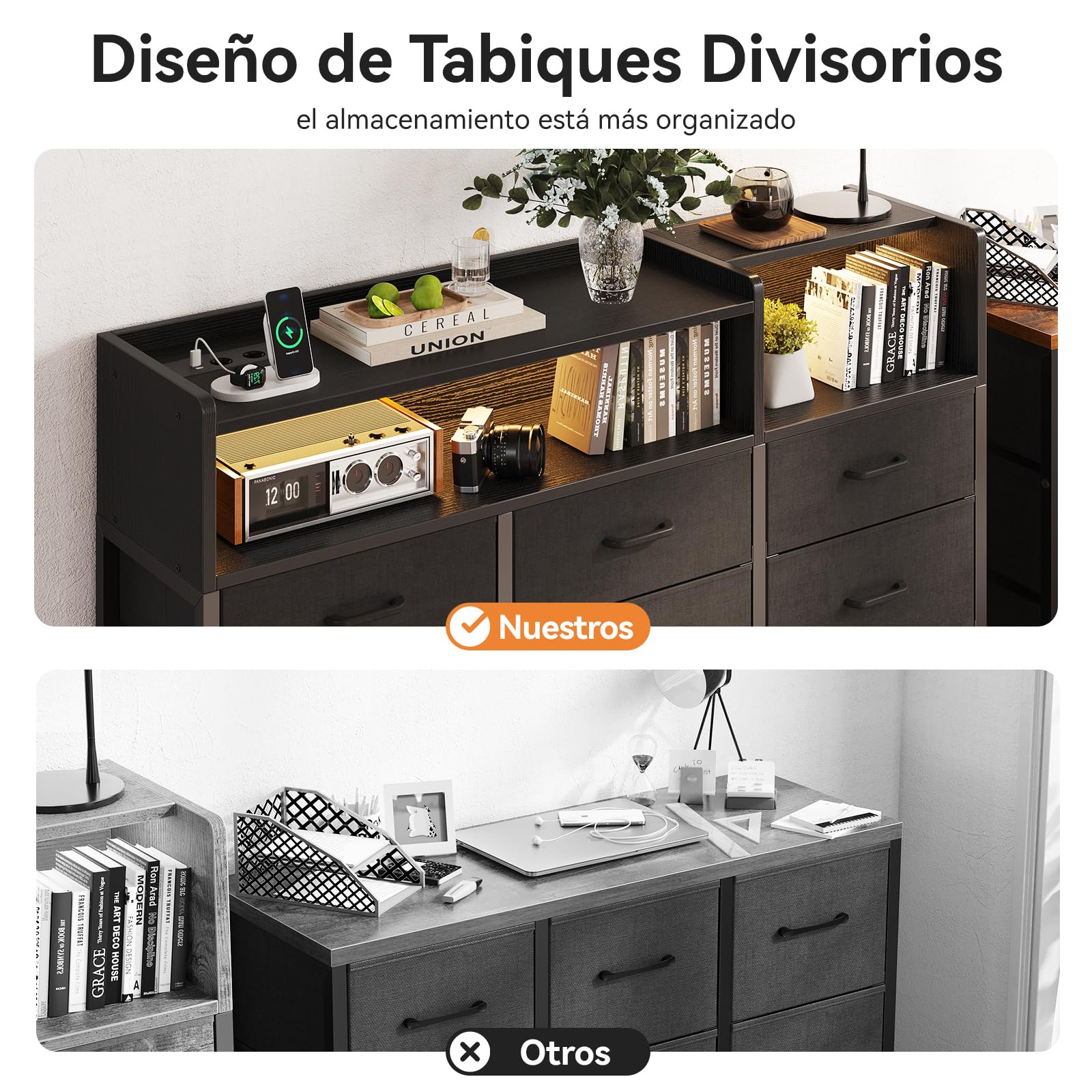 ODK Comoda Dormitorio, con LED, 2 enchufes y 2 USB, con 9 Cajones de Tela | Cajonera para Salón y Dormitorio, Tapa Madera, Marco Acero, Negro, 130 x 30 x 97cm