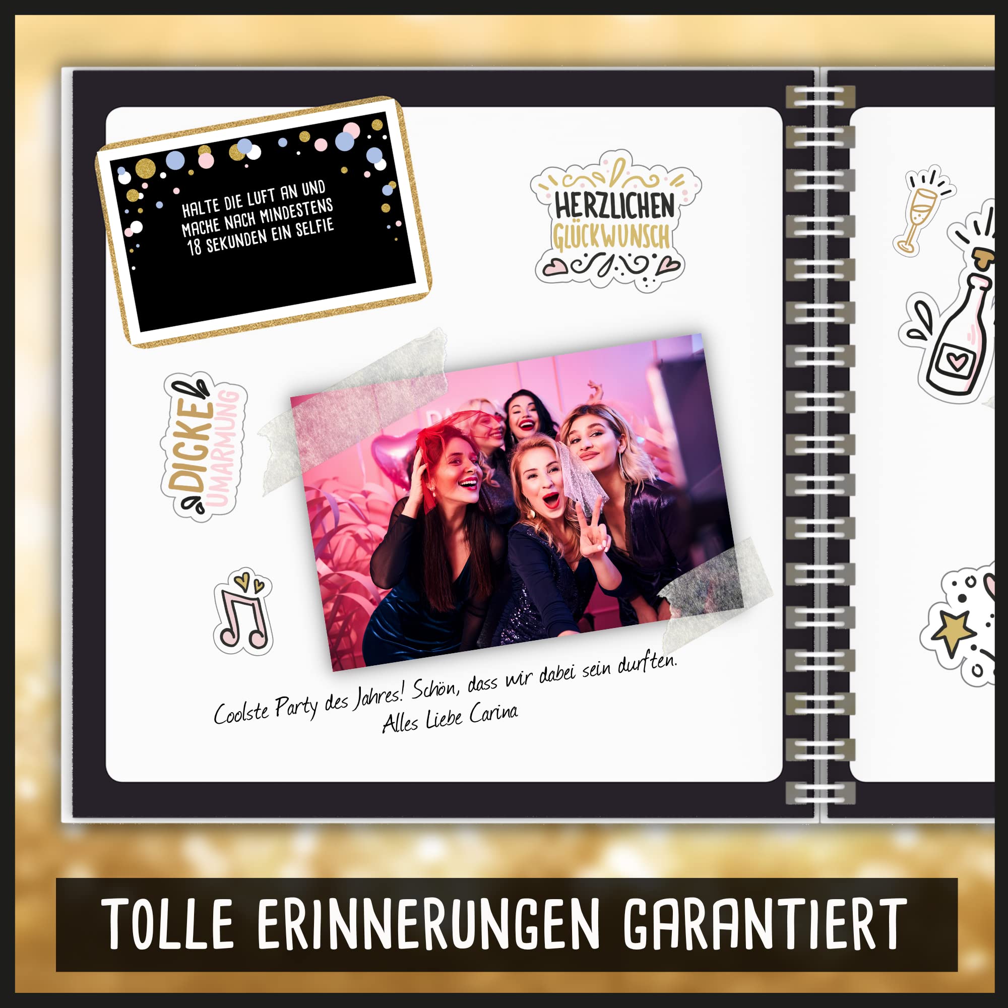 Fotospiel Set 40 Geburtstag by snaPmee - Fotoaufgaben, Hardcover-Gästebuch (21x21cm), Stift, Sticker, Aufsteller - Party-Spiel für Gäste