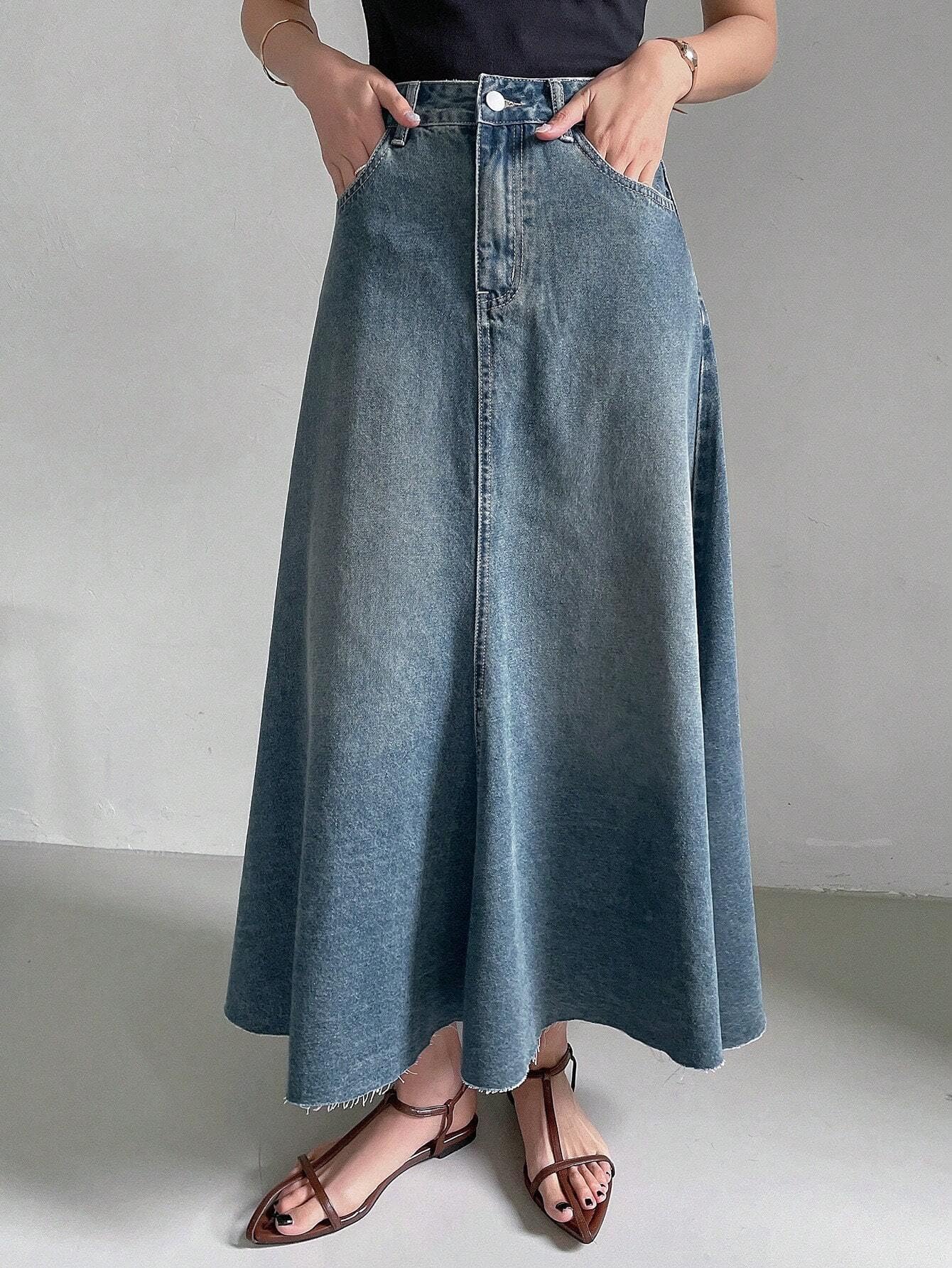 GRECIILOOKS Jupe en jean blanche taille haute avec fente sur le devant - Jupe longue décontractée en jean élégante pour femme