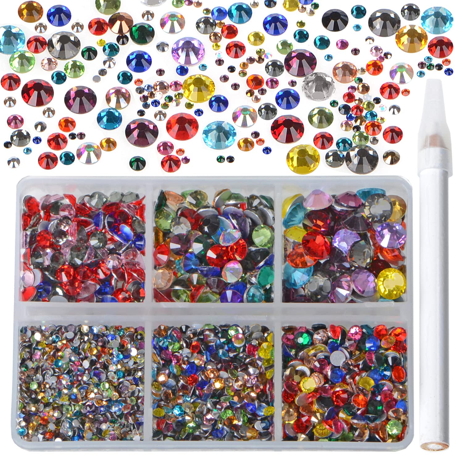 Bymitel 5000 Pieces 6 Mixed Sizes Glue Fix on Glass Rhinestones Round Crystal Gems Flatback for DIY Jewelry Making with one Picking Pen(Mix: SS4-SS30/5000PCS, Mixed Colors)