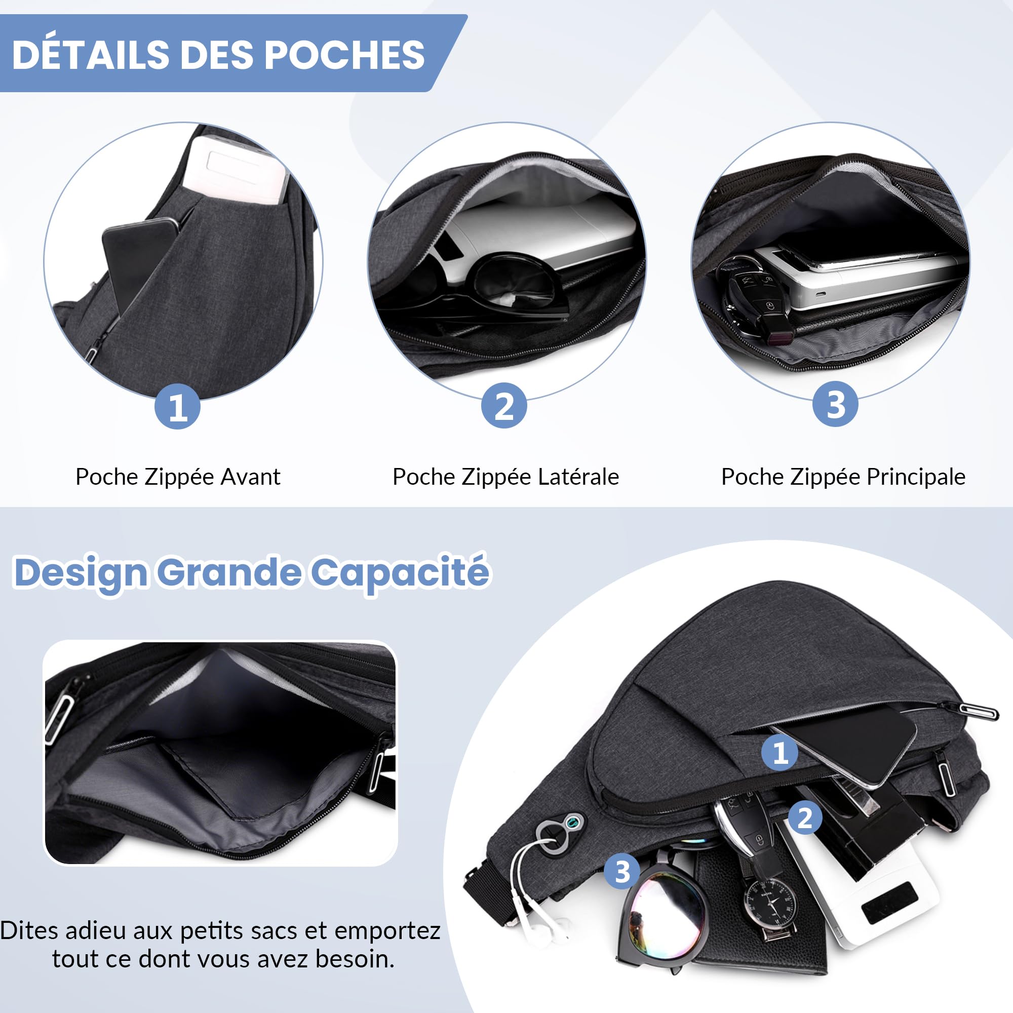 VARLIVOO Sac de Poitrine Homme, Petit Sacoche Bandouliere Sac à Bandoulière Antivol Imperméable pour Voyage Randonnée Cyclisme Sports Noir C