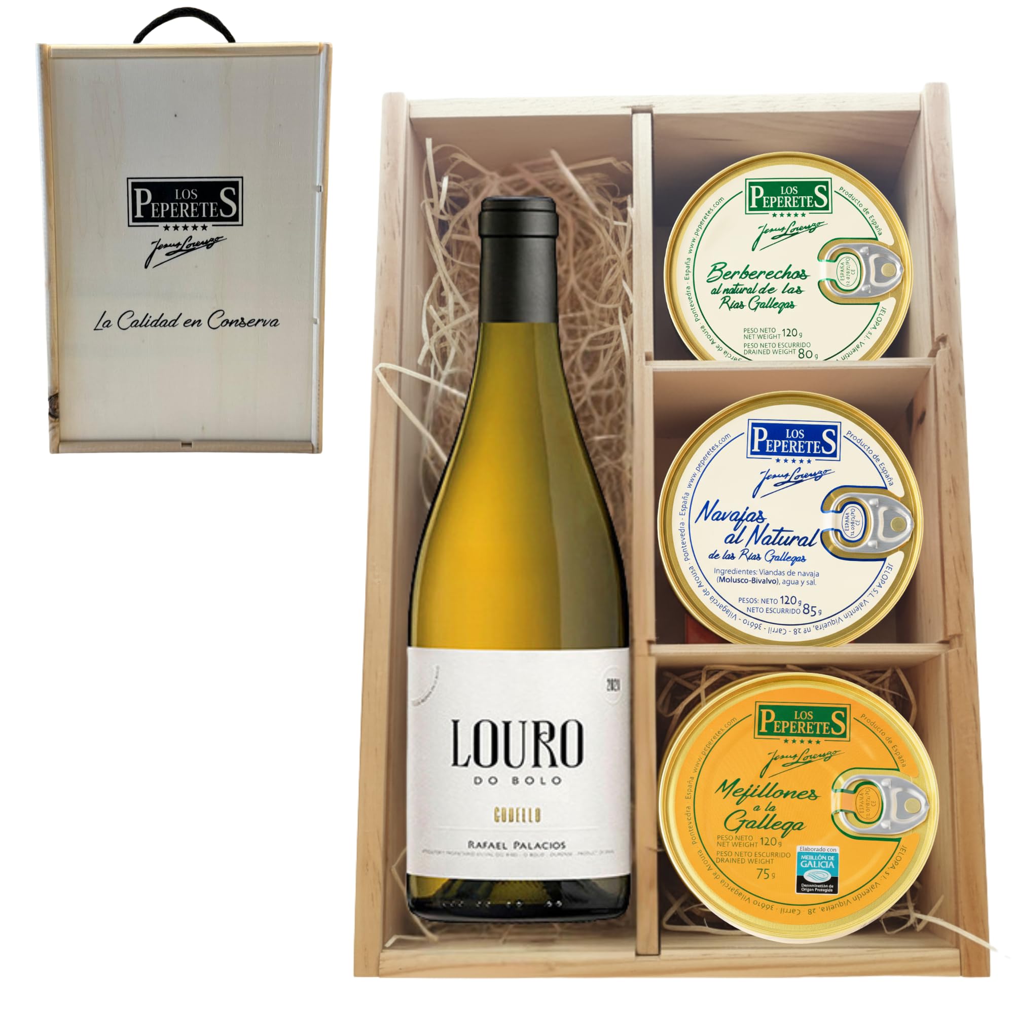 LOS PEPERETES Pack Gourmet Marisco Gallego con Louro Godello | x2 Berberechos al Natural · x2 Navajas al Natural · x2 Mejillones a la Gallega | Estuche Lote Delicatessen Premium Latas Conserva