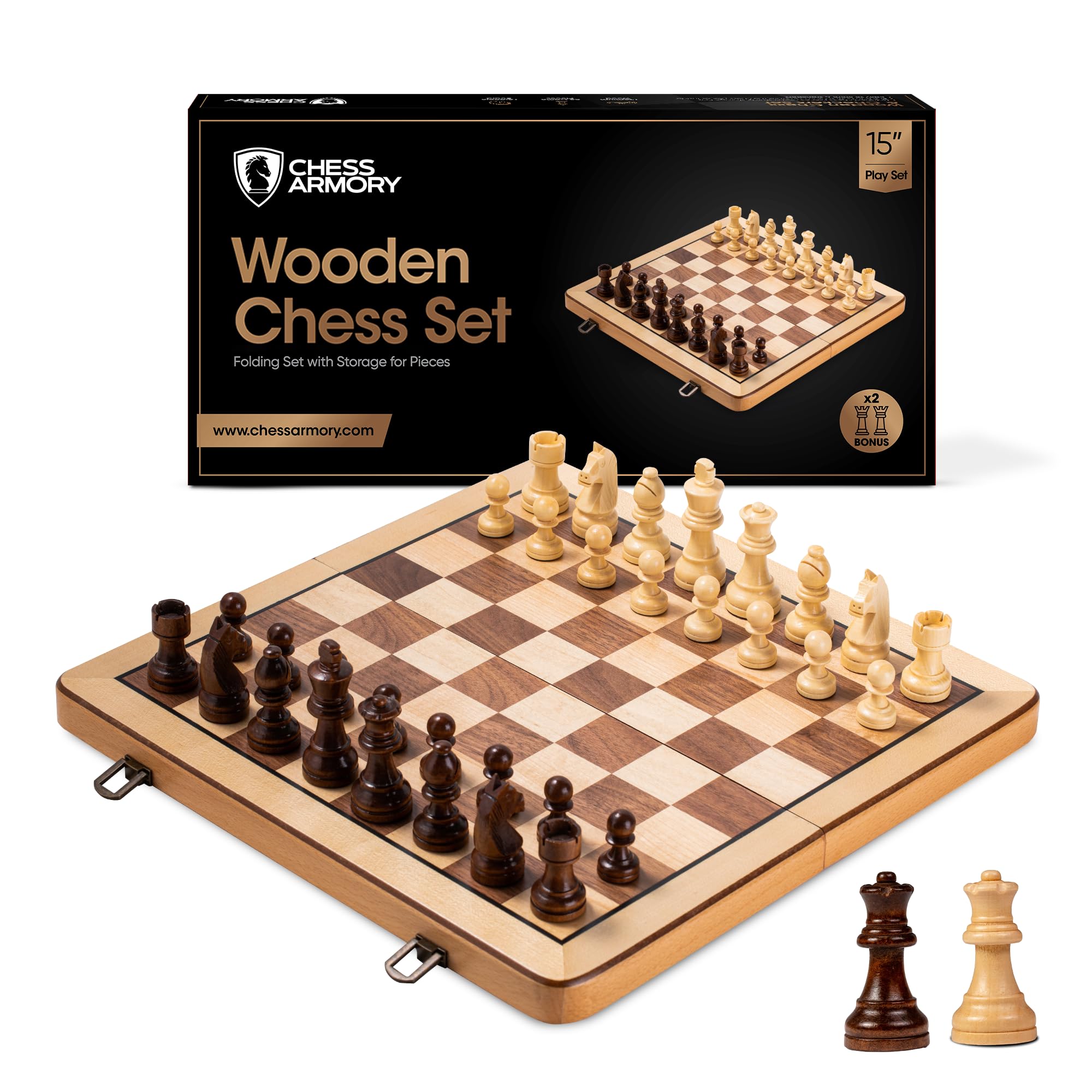 Chess Armory Wooden Chess Set 15 Inch - Premium Beech Wood Handcrafted Game Board for Adults and Kids with Extra Queen Pieces and Storage Box - Ideal for Home and Travel - Non-Magnetic