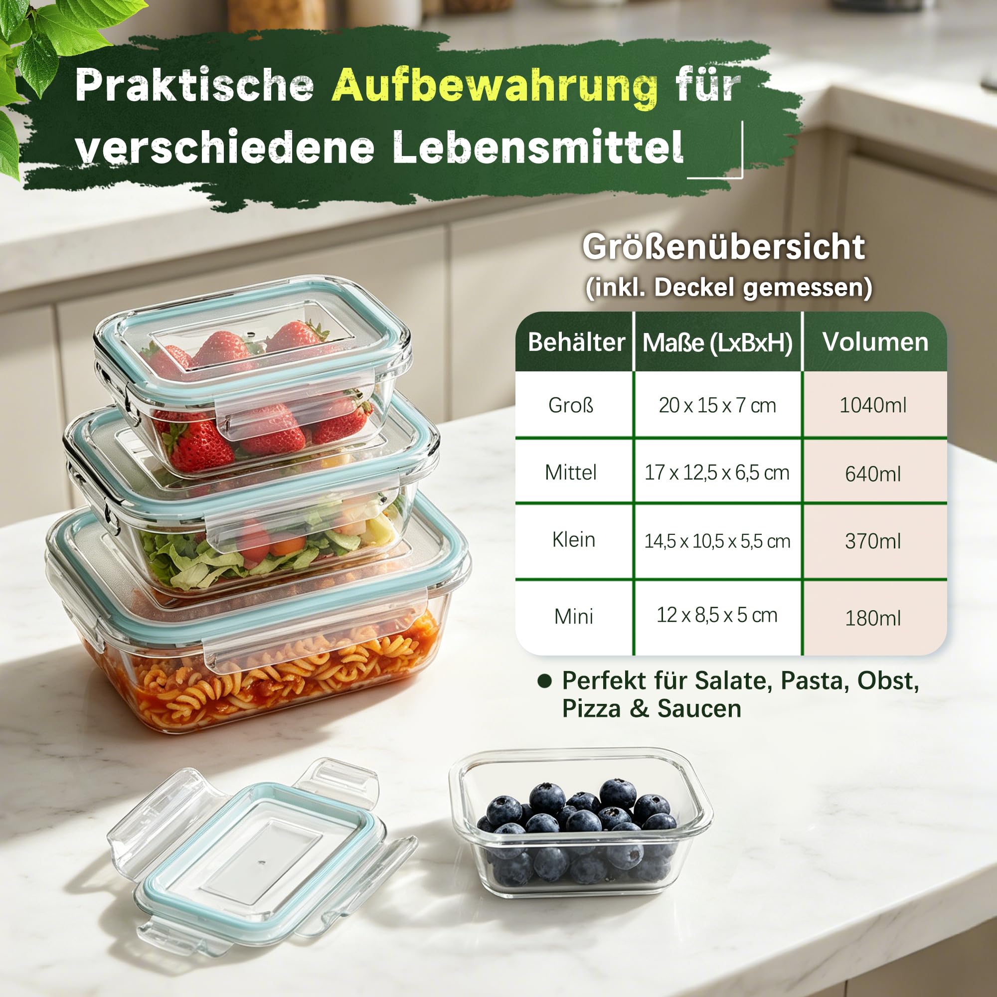 Glasbehälter mit Deckel 4er Set | Borosilikatglas Frischhaltedosen Luftdicht & Auslaufsicher | Vorratsdosen für Kühlschrank, Gefrierschrank & Mikrowelle | 1040ml, 640ml, 370ml, 180ml