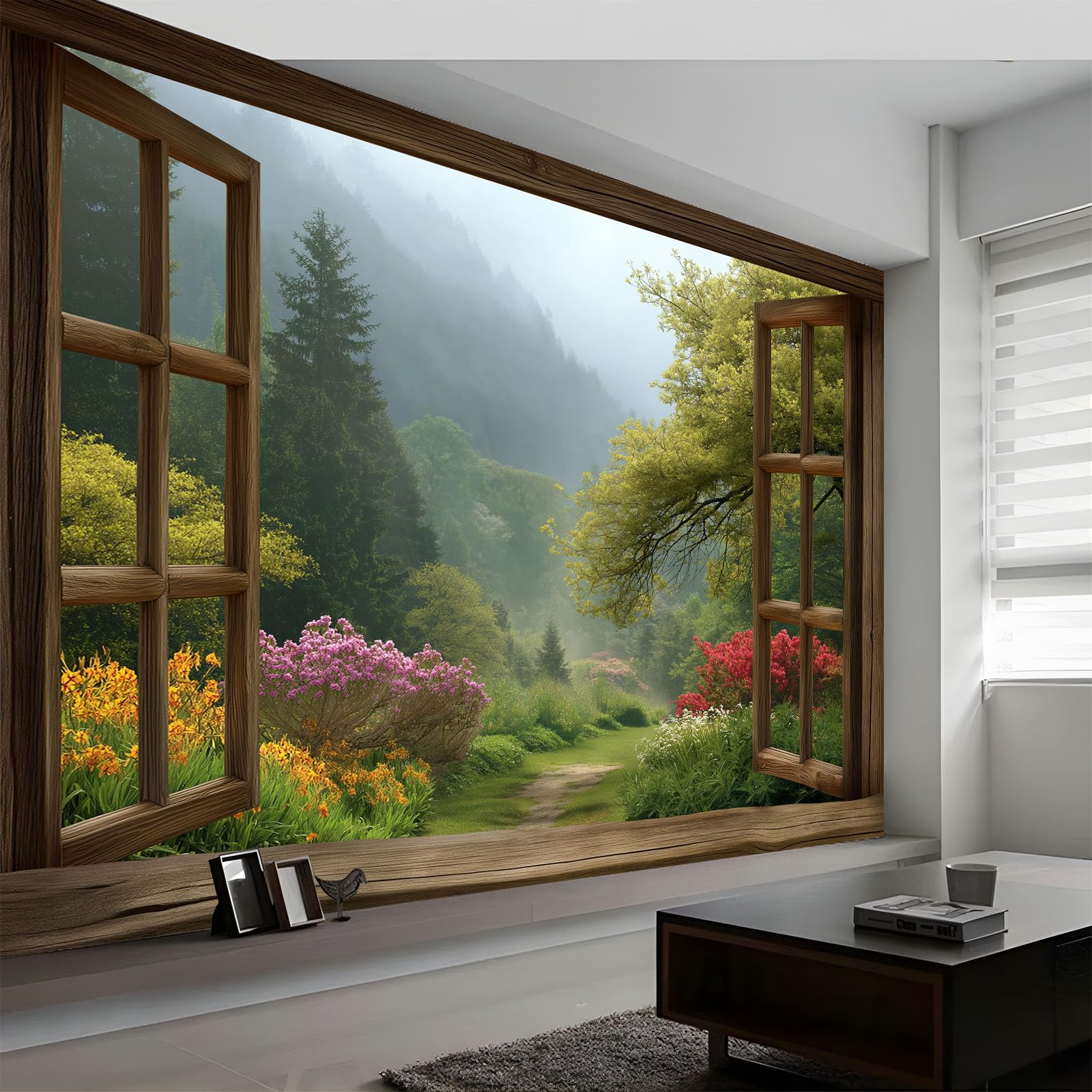 Générique 200 x 140 cm Carta da parati murale Panoramica Verde Carta da parati fotografica non tessuta - Rivestimento murale decorazione soggiorno per camera da letto - Effetto 3D - Finestre paesaggio