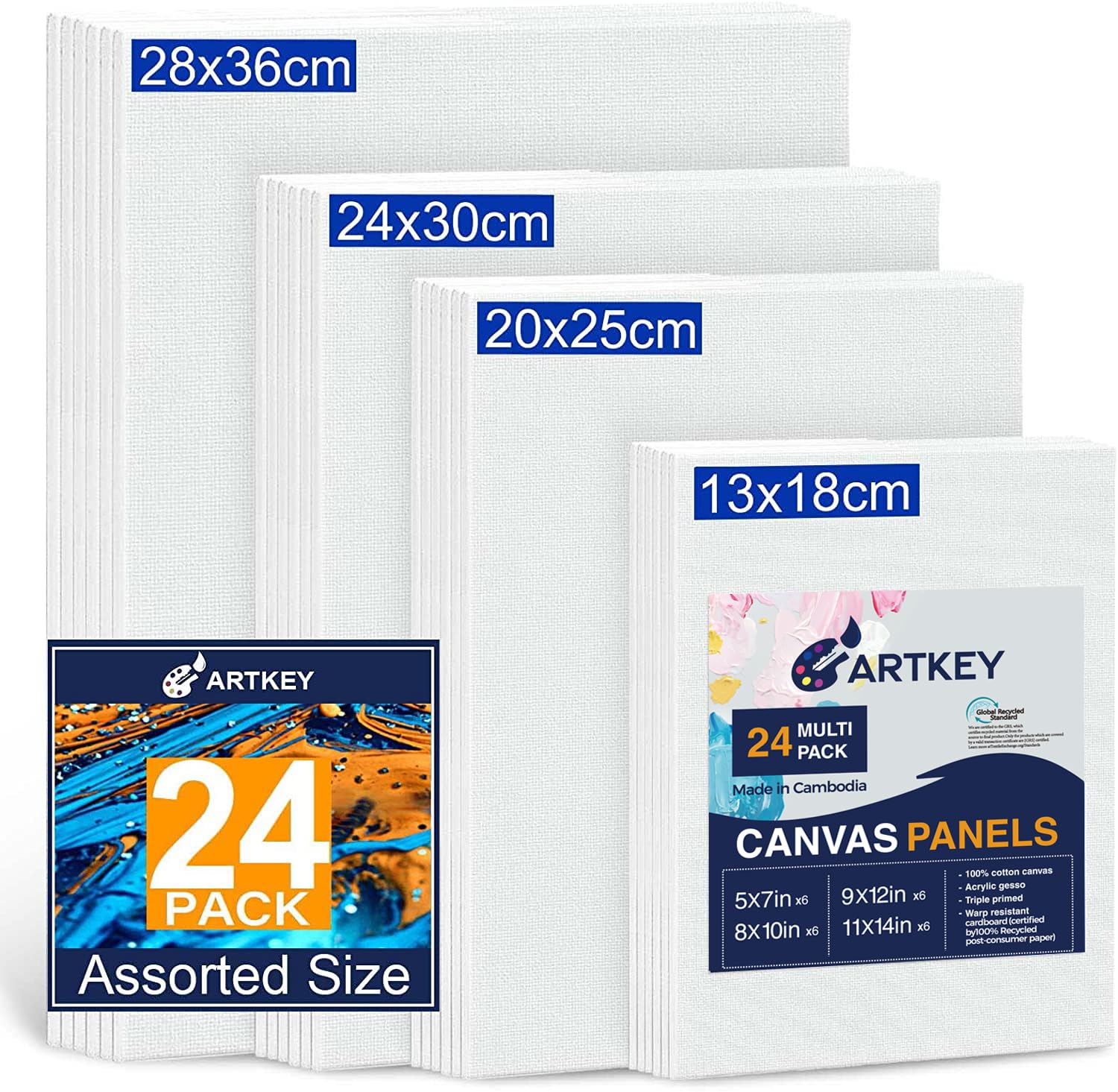 Paneles de lienzo, paquete de 24 unidades, 13 x 18, 20 x 25, 24 x 30, 28 x 36 cm, 300 g/m², triple imprimación, sin ácidos, 100% algodón, lienzo para pintura, tablero plano en blanco para pintura al