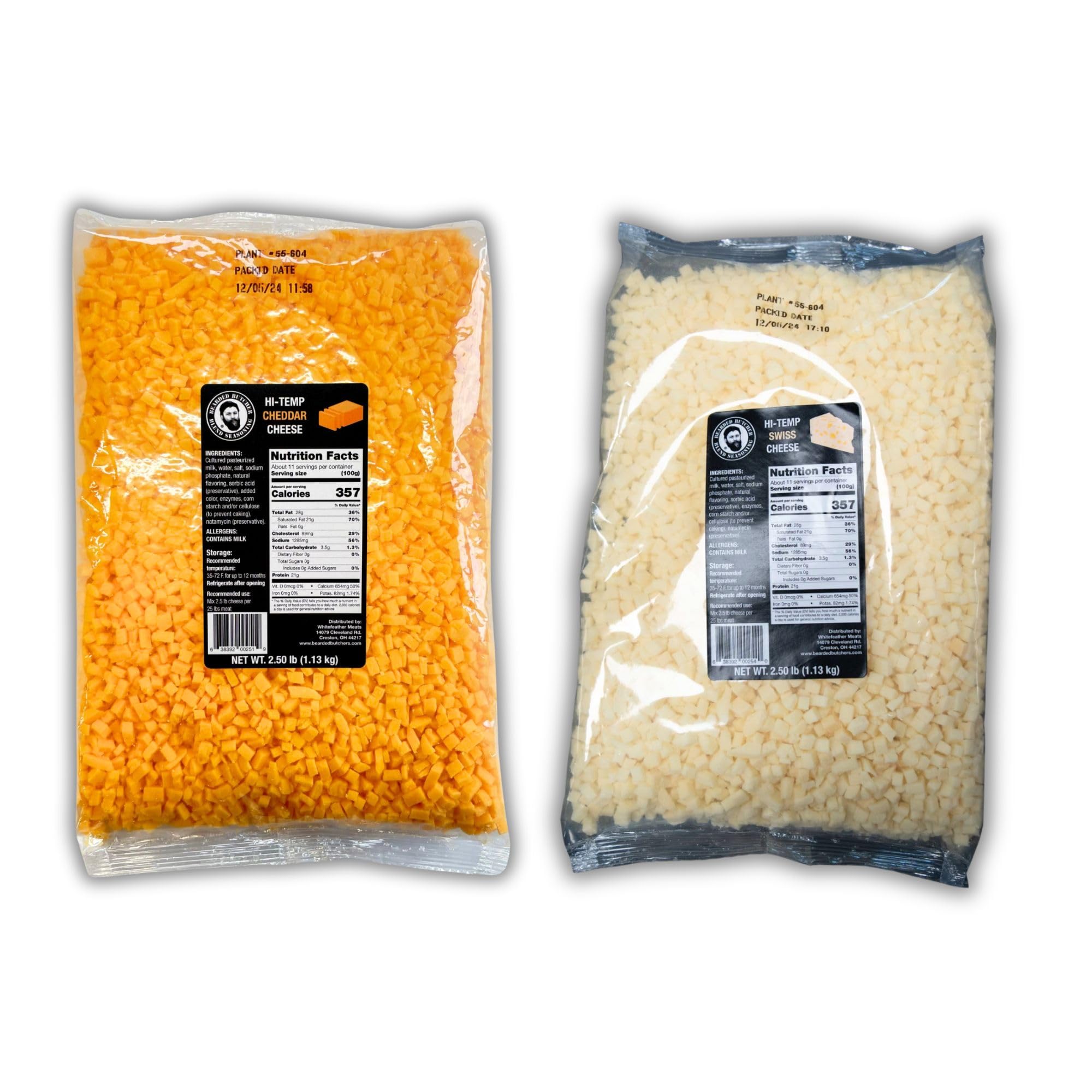 Bearded Butchers High-Temp Cheddar & Swiss Cheese, Pack of 2 (2.5 lb Bags Each) – 5 lbs Total, Shelf-Stable 1/4-Inch Cubes for Up to 25 lbs of Meat Per Bag, 400°F High-Temperature Cheese – Great for Homemade Sausages, Brats, Burgers, and More