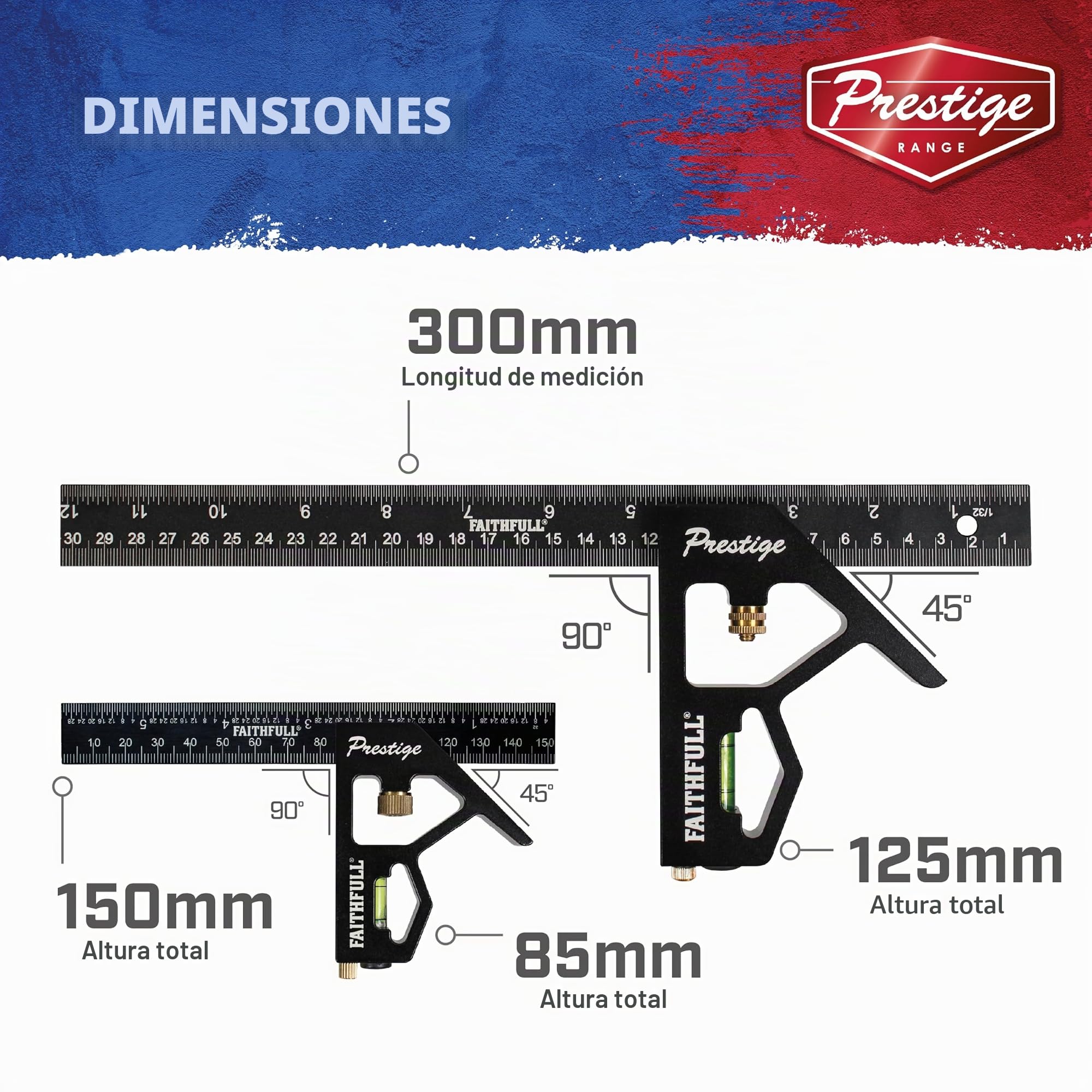 Équerre combinée Faithfull Prestige (lot de 2) en aluminium noir, 150 mm (6 po) et 300 mm (12 po) – Outil multifonction de mesure et de traçage avec niveau à bulle et pointe à tracer