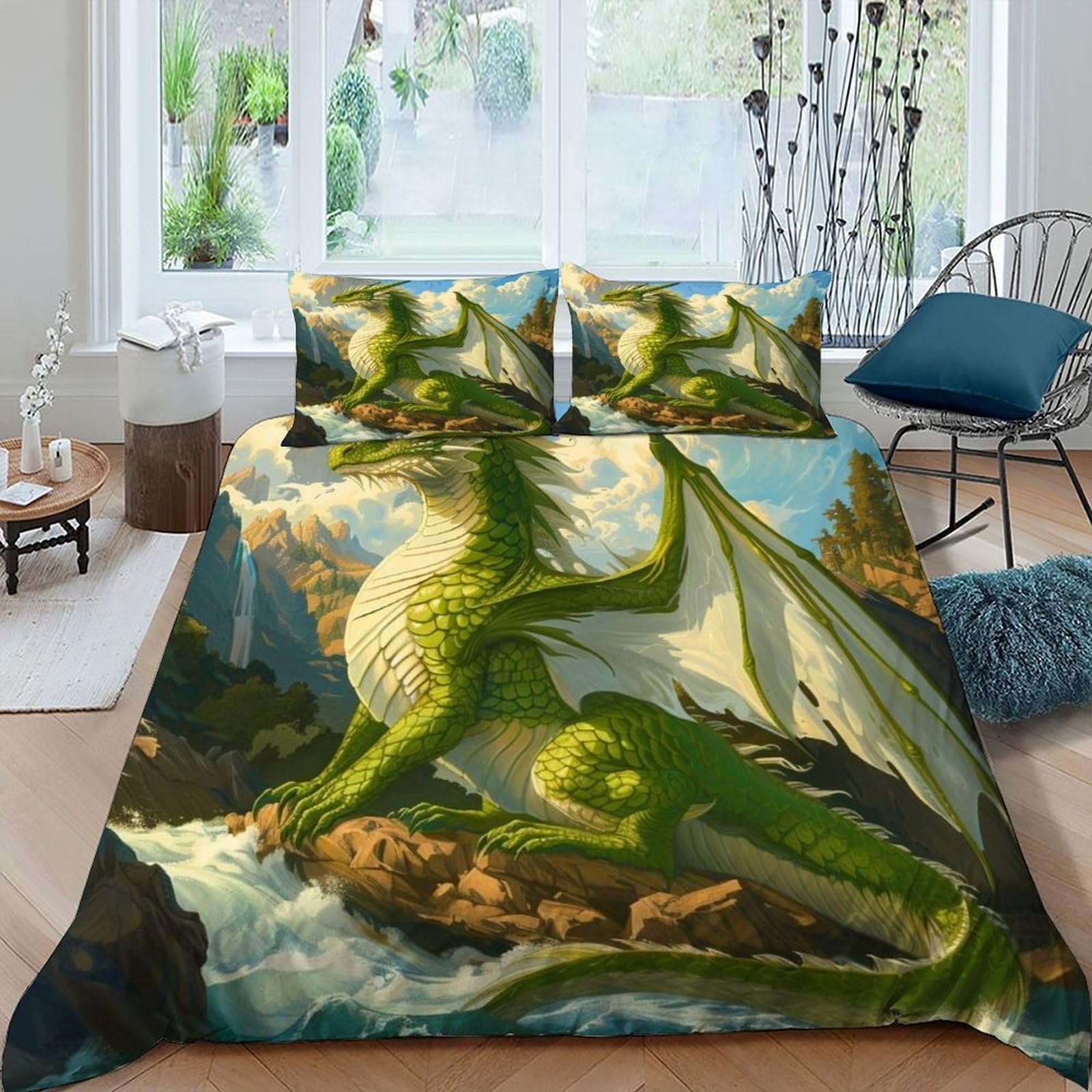 Housses de couettes dragon microfibre king size parure lit anti-plis