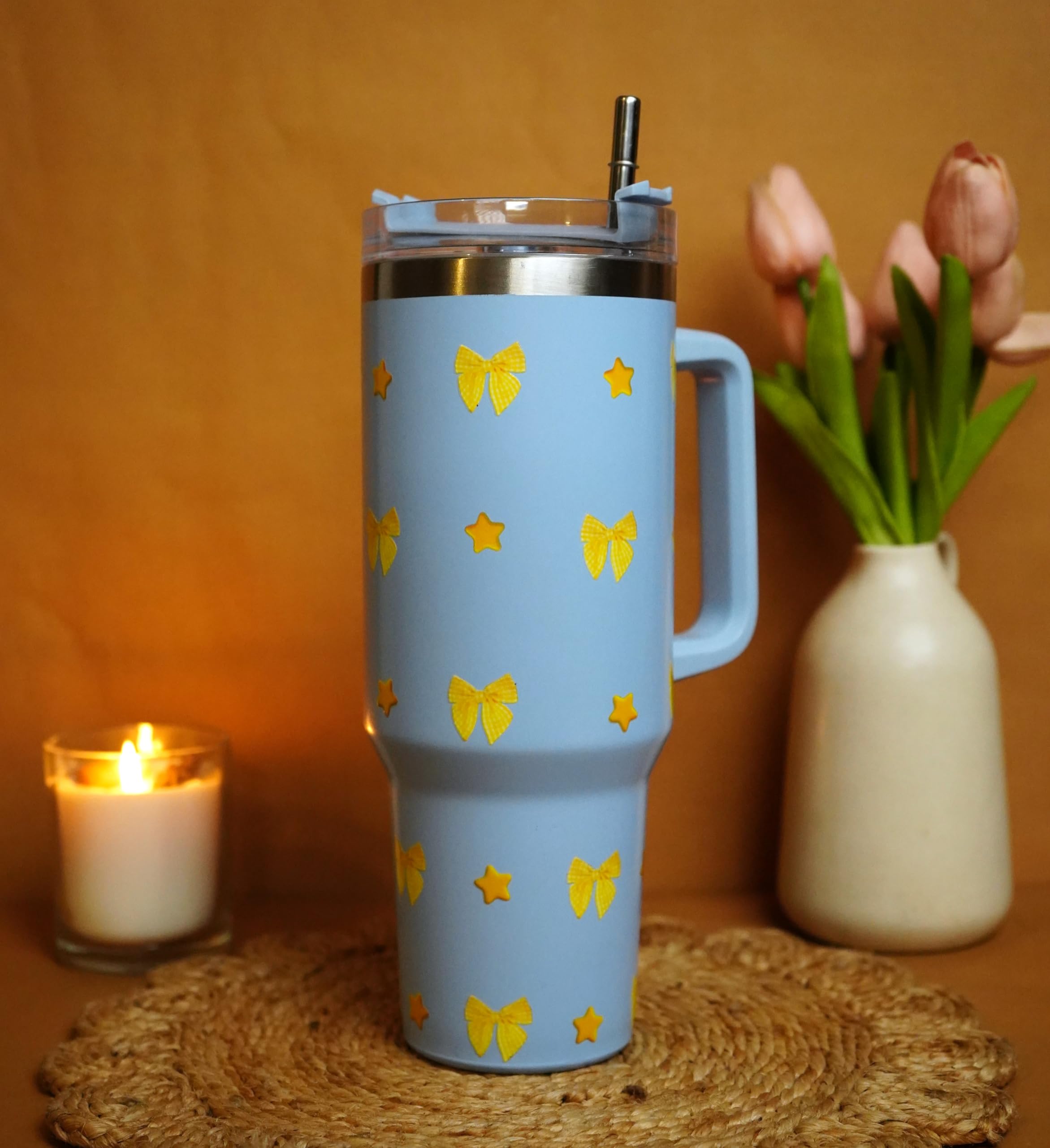Najarat 1200ML Stainless Steel Tumbler Hot and Cold with Handle and Lid and 2 Straws, Double Insulated Cup Leak Proof Mug Cupholder for Gym, Travelling (yellowbows)