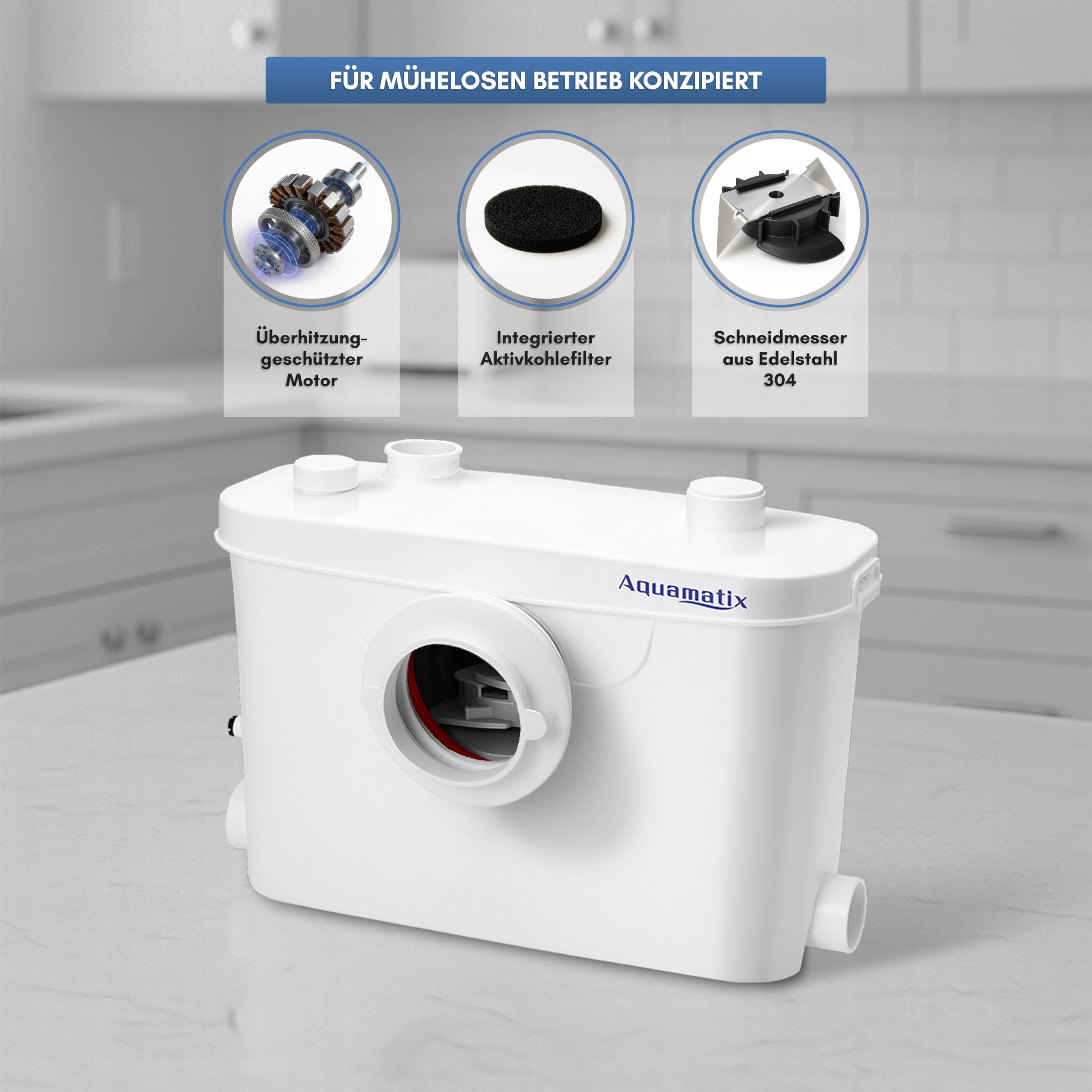 Aquamatix Hebeanlage 400W Sanitäre Abwasserpumpe 100L/min 8m Vertikale Förderstrecke mit 3 Einlässen für Toilette, Waschbecken und Badewanne mit Kohlefilter