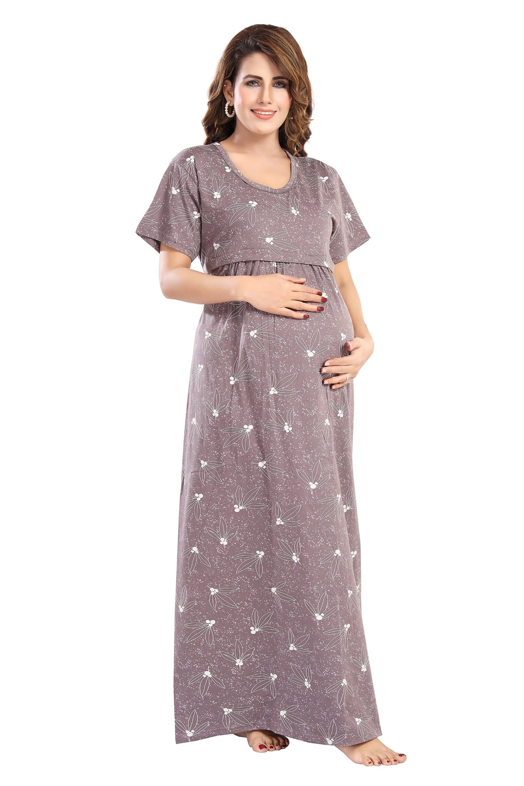 Fabme Women's Full Length Printed Pre and Post Pregnancy Pure Cotton Nursing Nightdress Nighty-image-19