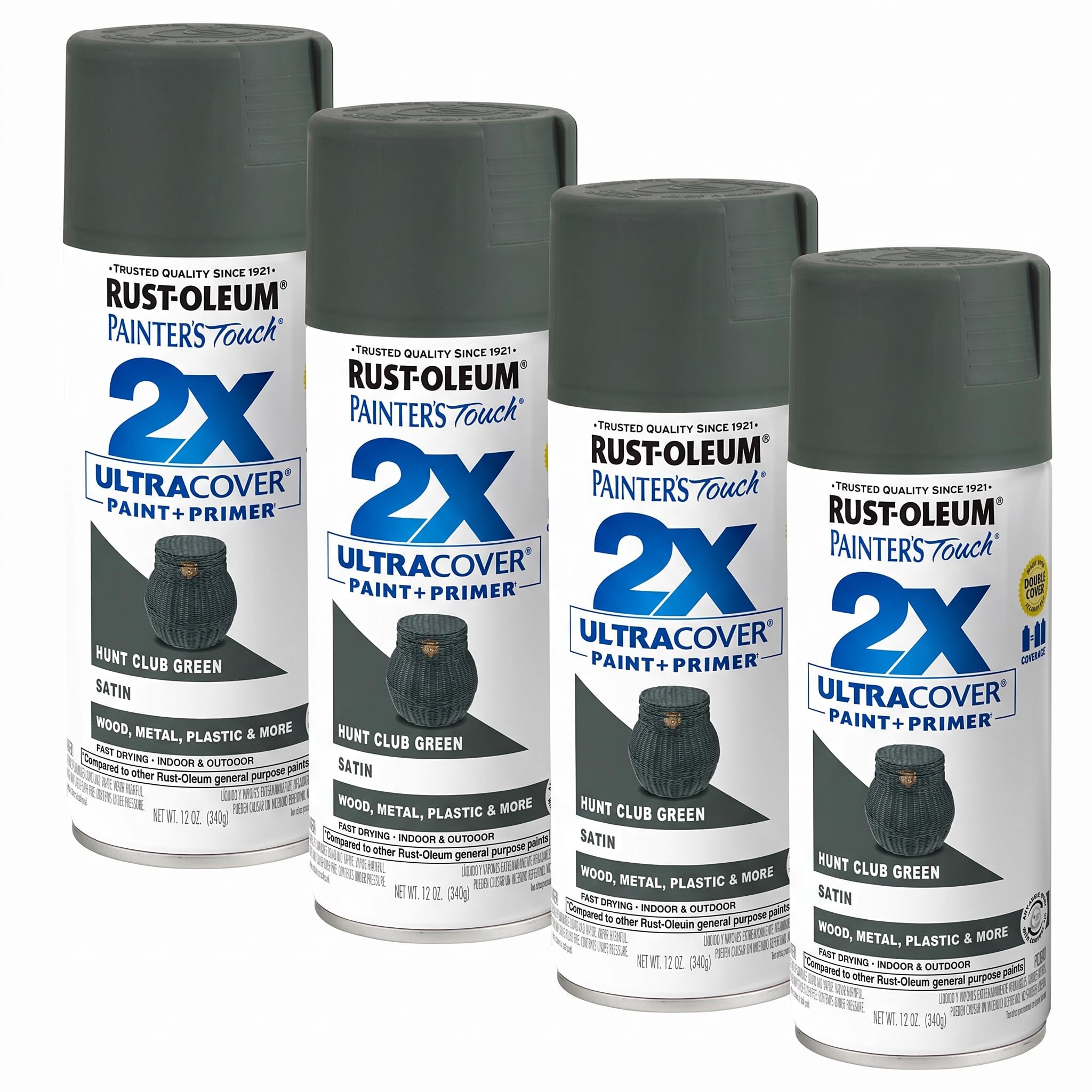 Rust-Oleum 334072 Painter's Touch 2X Ultra Cover Spray Paint, 12 oz, Satin Hunt Club Green (Pack of 4)