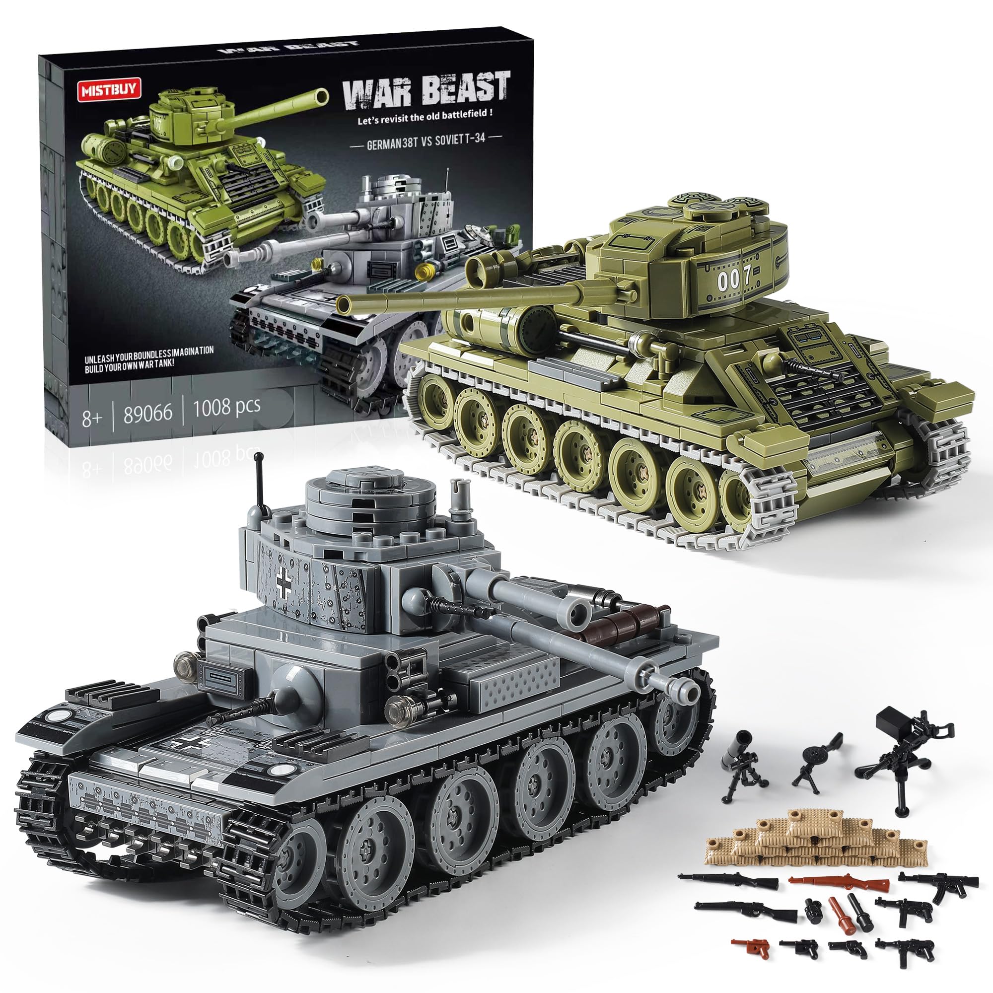 WW2 Army Tanks Toy Building Sets (1008 Pieces) Compatible with Lego, Create a Soviet T-34 & German Panzer 38(t) Tank, Great Military Model Toys Gift for Boys, Kids, and Teens Age 8+
