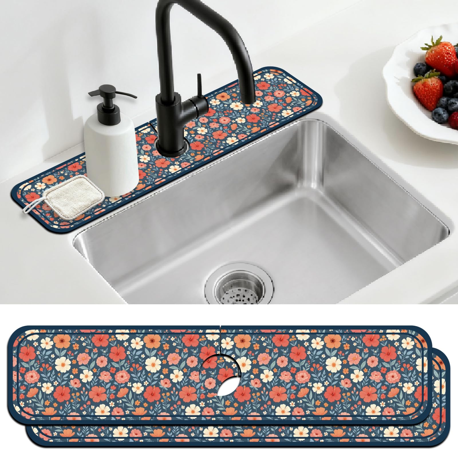 CONCHLERY 2 Pcs Kitchen Sink Splash Guard Faucet Mat Retro Flowers Faucet Mat for Sinks Plants Pattern Absorbing Drying Mat for Kitchen Bathroom, 23.6x5.5inch