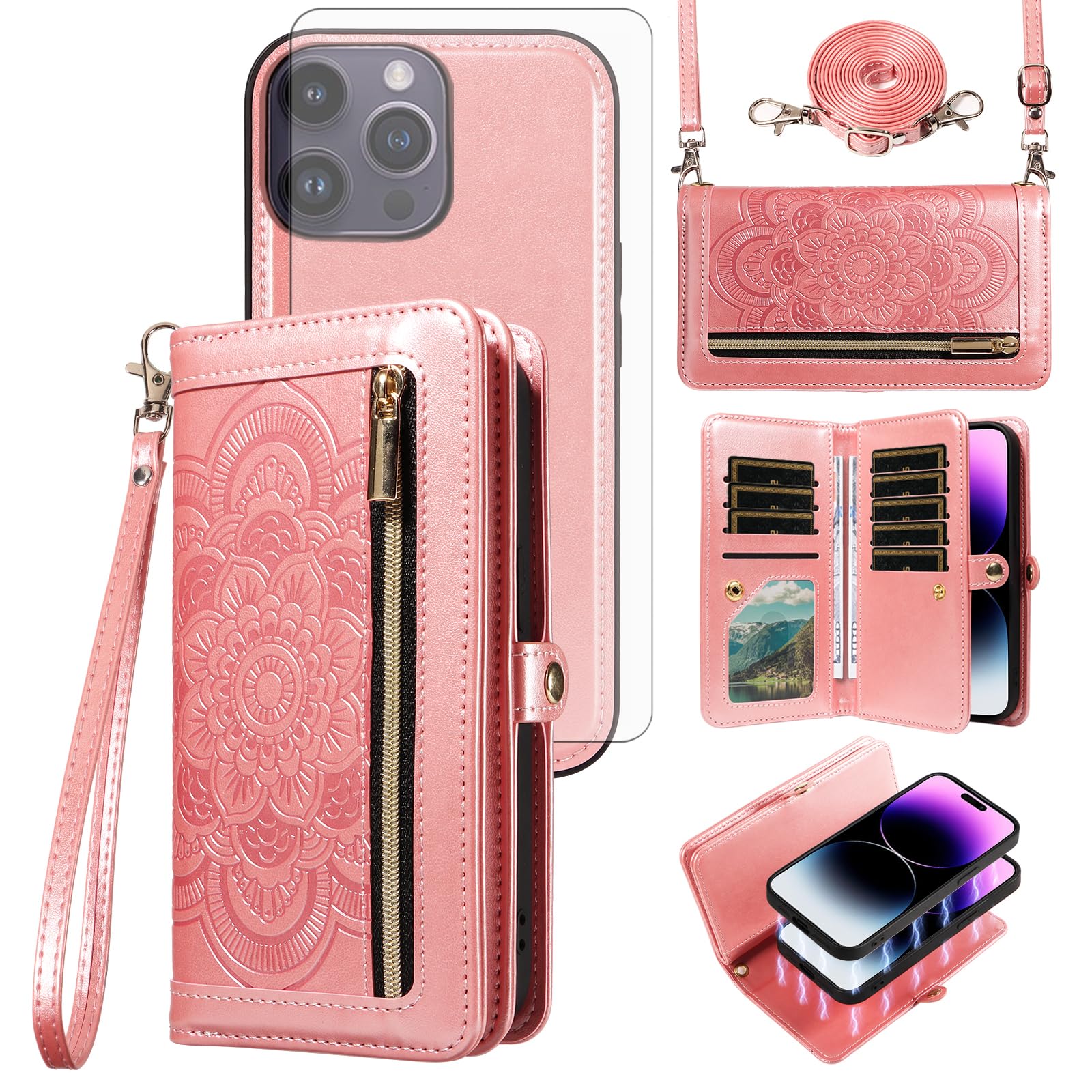 Asuwish Phone Case for iPhone 14 Pro Max 6.7 inch Zipper Wallet Detachable Cell Cover with Screen Protector Strap Flower Card Holder iPhone14promax 5G
