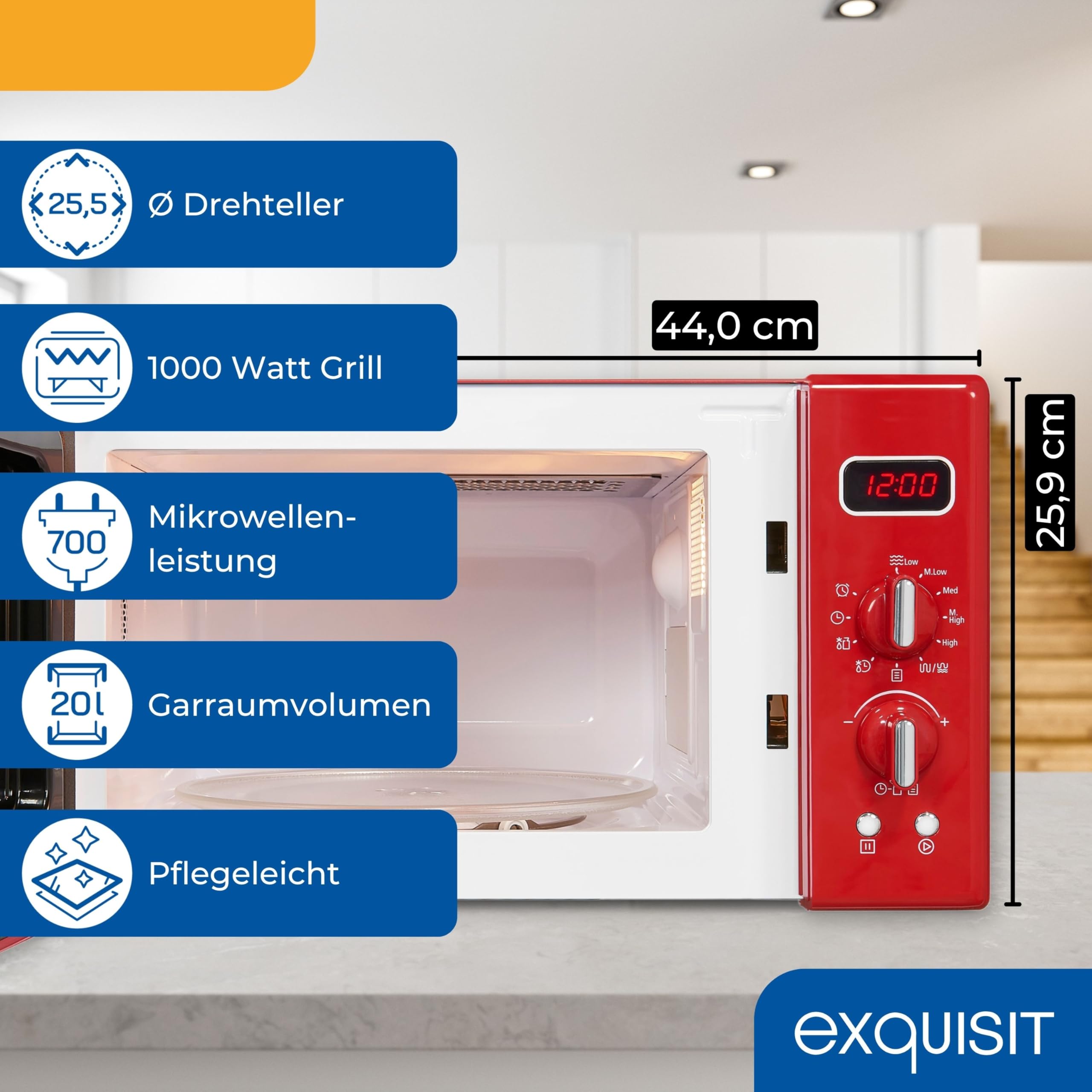 Exquisit Retro-Mikrowelle rot mit Grill, 20 L, 700 W, 5 Leistungsstufen | 25,5 cm Drehteller, 1000 W Grill, Timer bis 90 Min, Kindersicherung, Digitaldisplay – entwickelt nach deutschen Richtlinien