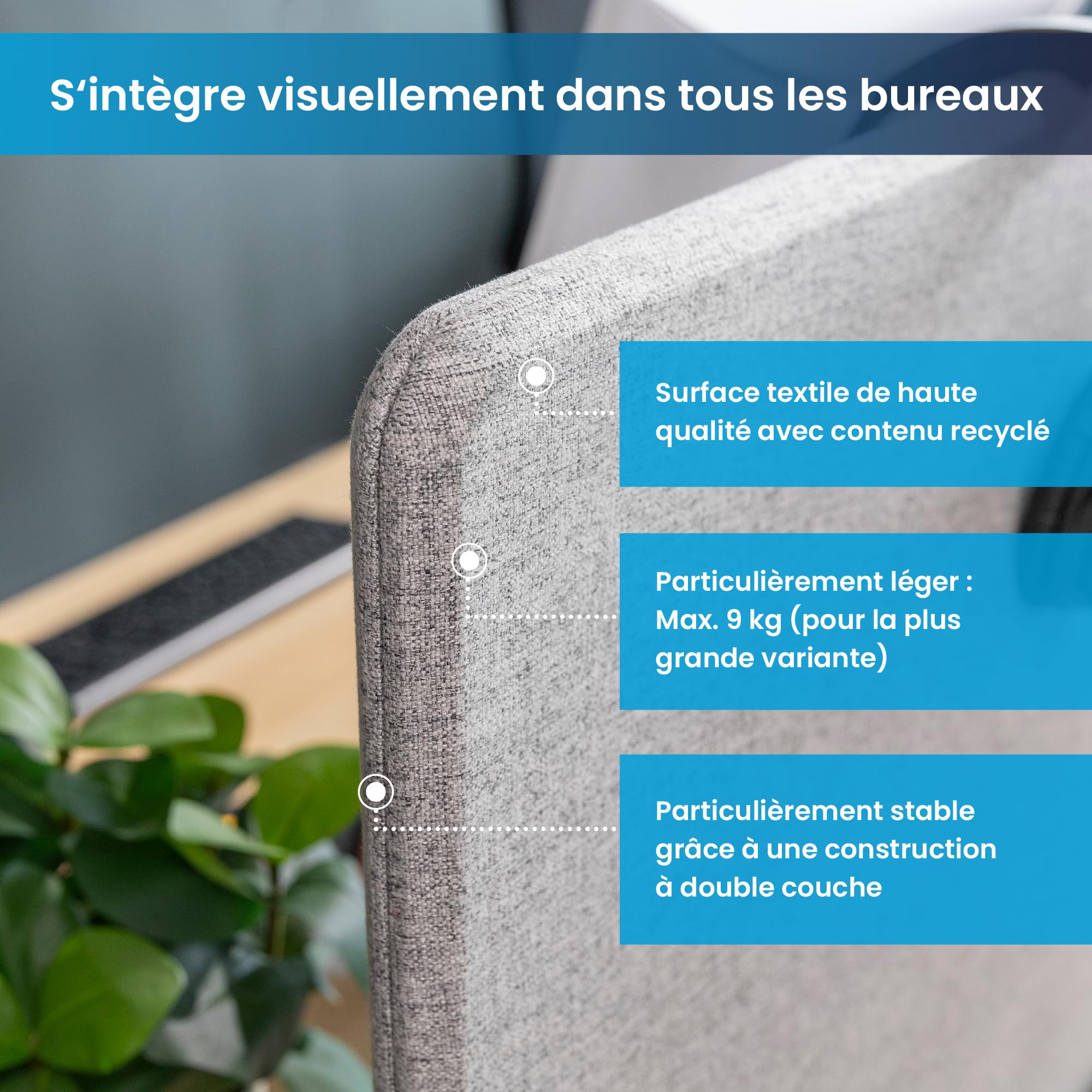 Ergotopia Cloison Acoustique pour Bureau (120 x 80 x 2,8 cm), Protection Visuelle Réglable pour Bureau | Cloison de Table Focale en Gris, Séparateur de Pièce Insonorisant avec Pinces
