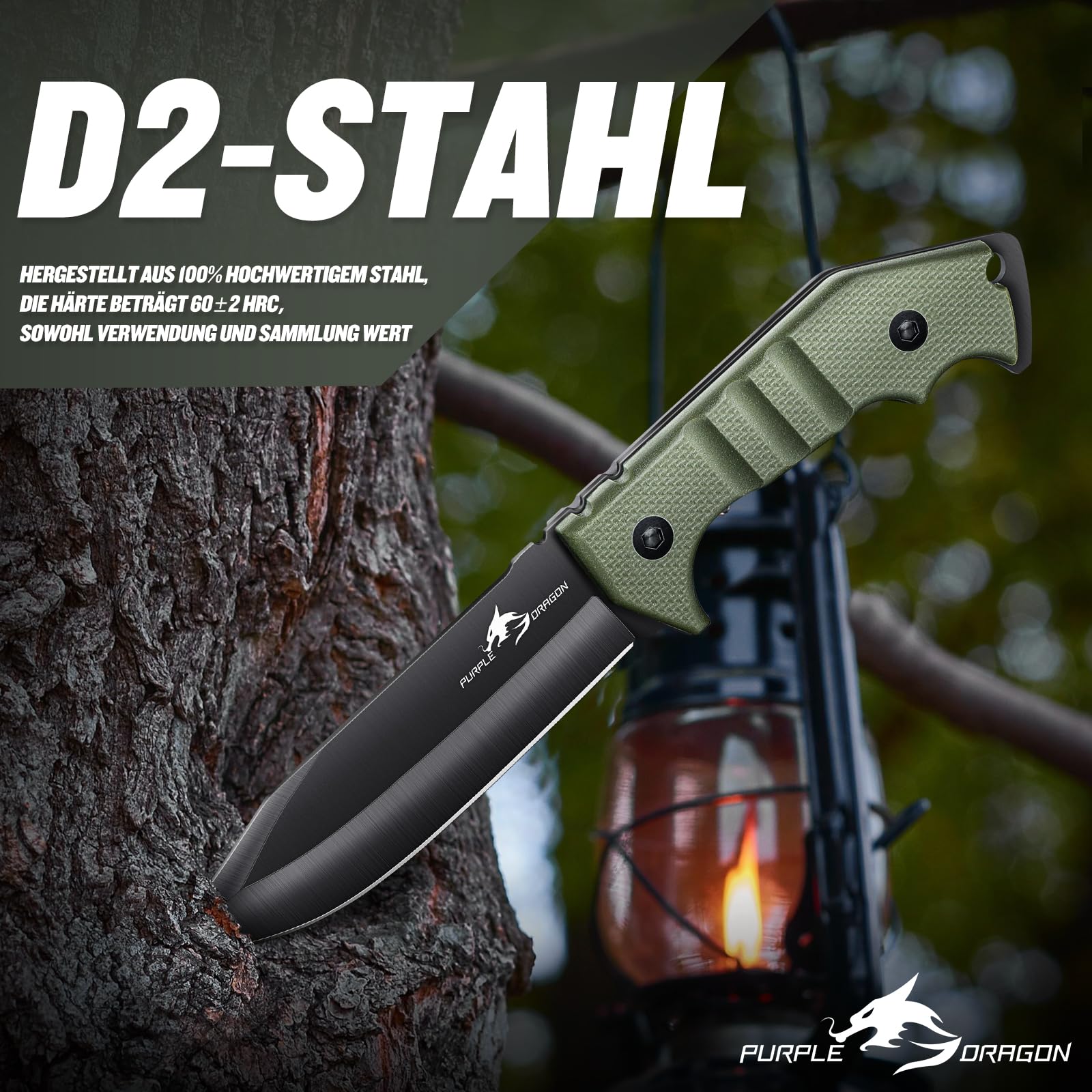 Purple Dragon Survival Messer Feststehende Klinge mit Grüner Kydex Scheide, Full Tang Outdoor Messer aus einem Stück D2 Stahl, G10 Griff für Bushcraft und Camping,Geschenke für Männer