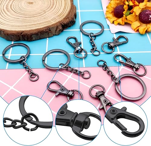 Miniatura 4 de Juego de 150 ganchos giratorios a presión, cierre giratorio negro pistola, ganchos para llavero, cierre de langosta, llaveros divididos con cadena y