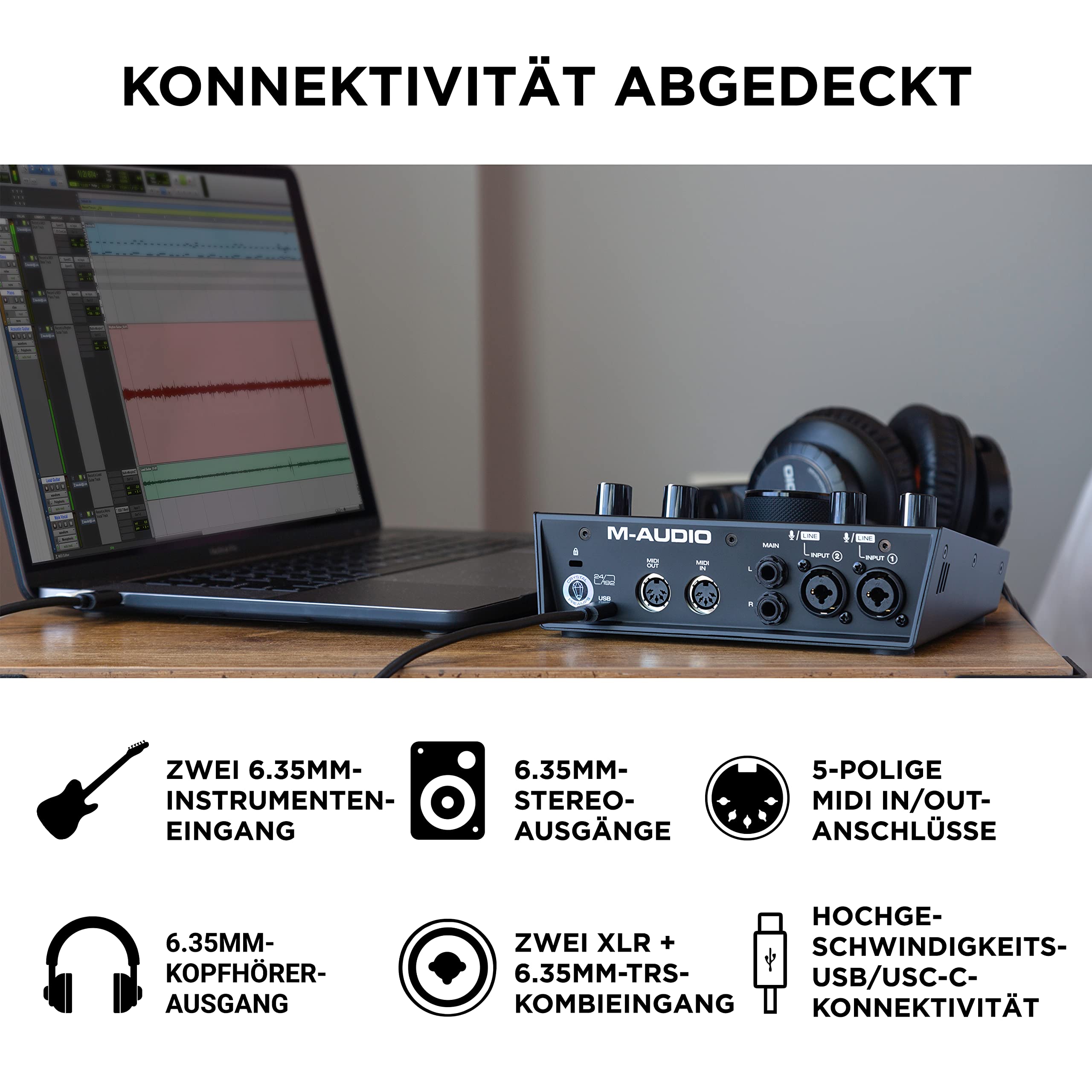 M-AUDIO Air192|6 USB MIDI Audio Interface für Aufnahmen in Studioqualität mit 2 XLR und Line Eingängen und Recording Software