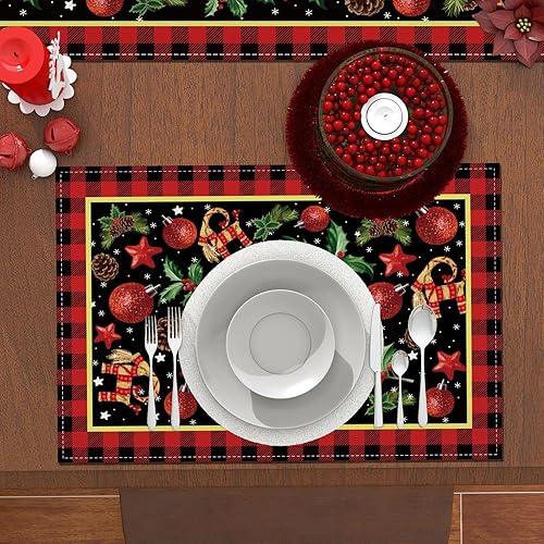 Miniatura 7 de Linen Yule - Juego de 4 manteles individuales paganos de Navidad, paja escandinava, cabra Julbock, muérdago, decoraciones navideñas y suministros