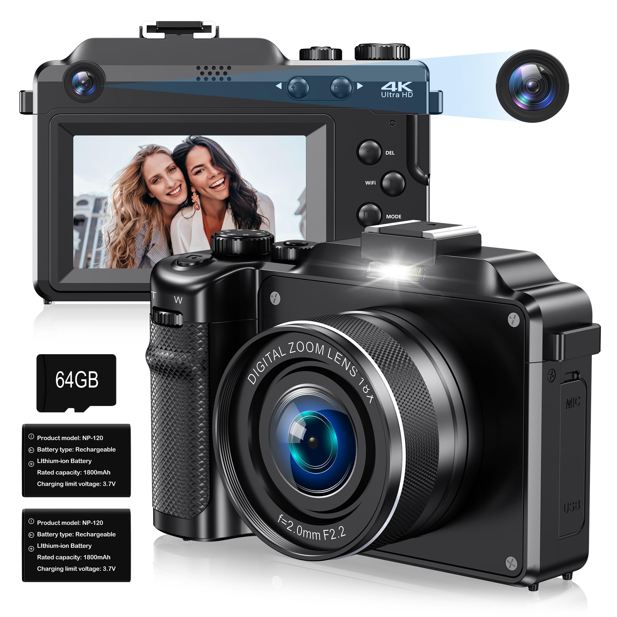 4K Digital Camera for Photography,Dual Lens 48MP Autofocus Anti-Shake Vlogging Camera for YouTube,18X Digital Zoom Compact Travel WiFi Points and Shoot Cameras with 64GB TF Card & 2 Batteries, Black