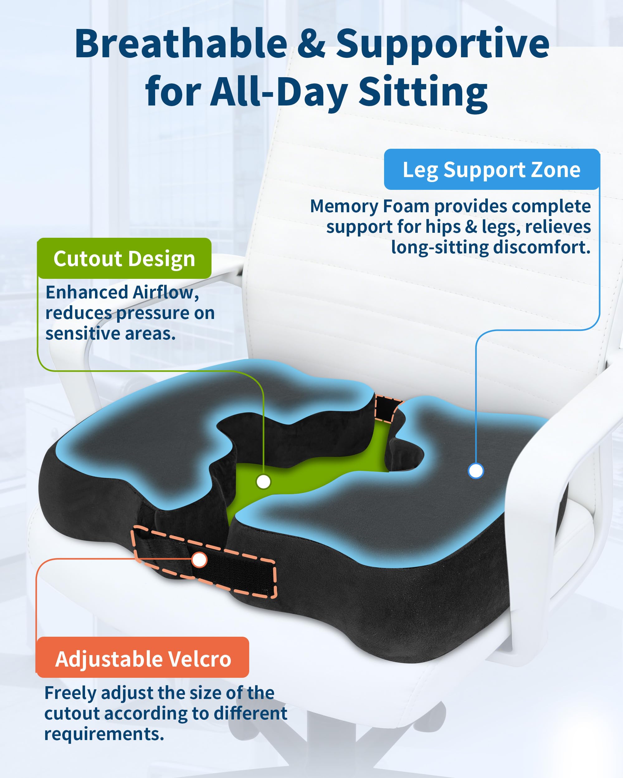 HOMCA Memory Foam Sitzkissen, Ergonomisches Hämorrhoiden Sitzkissen, Sitzpolster Steißbein Entlastung Steißbein Kissen mit Verstellbarer für Büro, Zuhause, Auto, Schwarz
